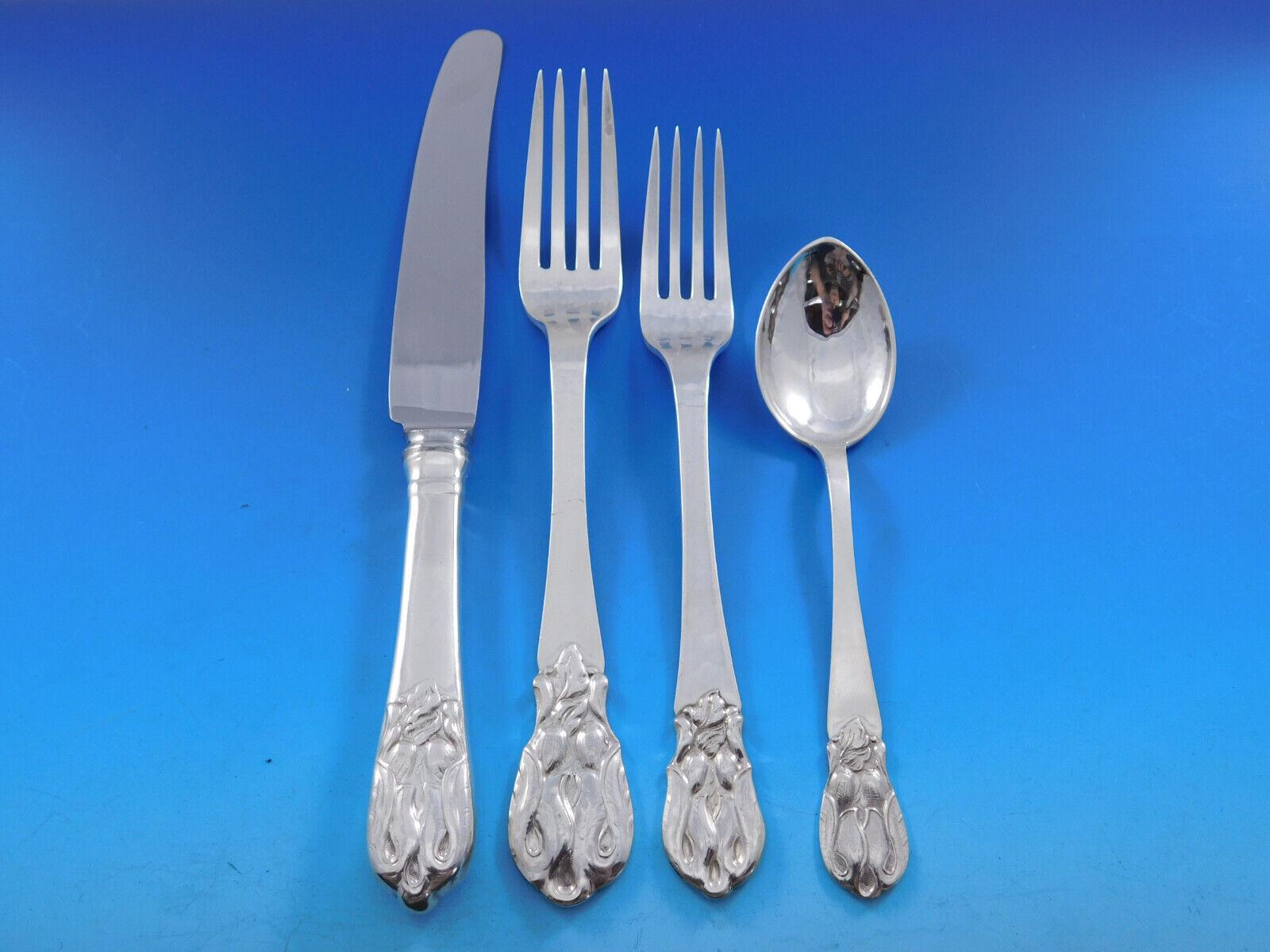 Blossom by Carl Poul Petersen Sterling Silver Flatware Set Dinner Service 69 pcs In Excellent Condition For Sale In Big Bend, WI