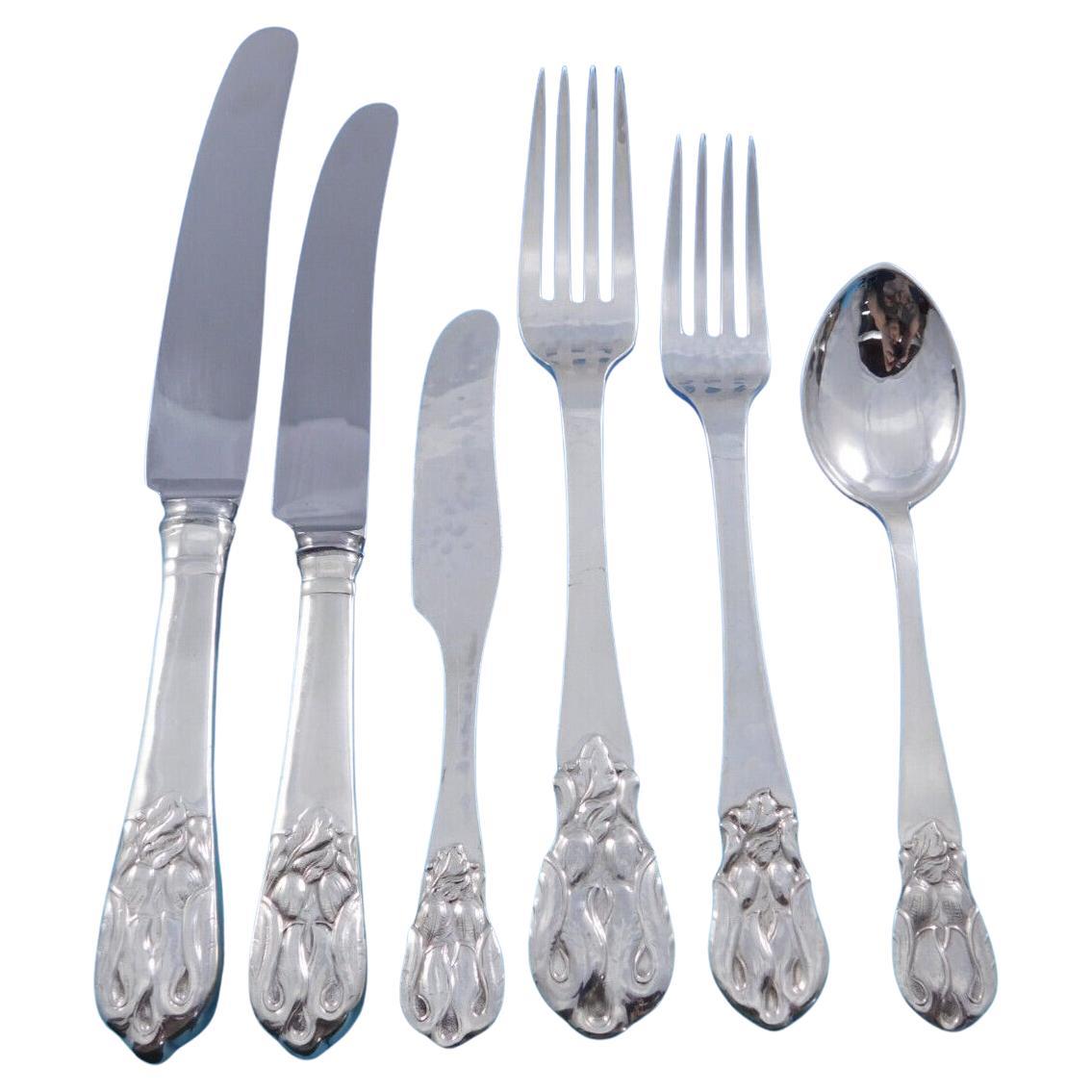 Blossom by Carl Poul Petersen Sterling Silver Flatware Set Dinner Service 69 pcs For Sale