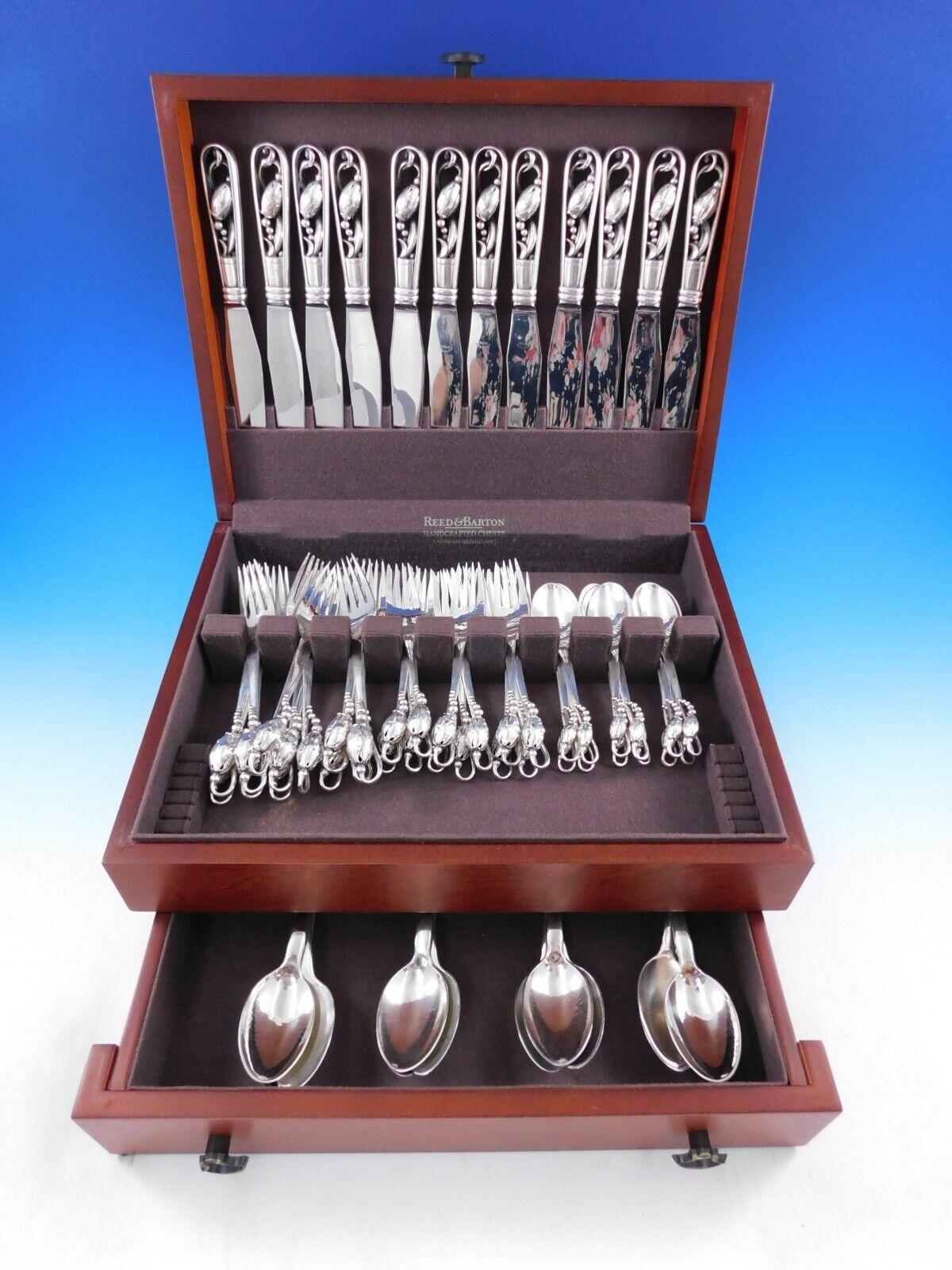 Blossom von Georg Jensen, Besteckset aus Sterlingsilber für 12 Personen, 60 Teile, Dinner 2