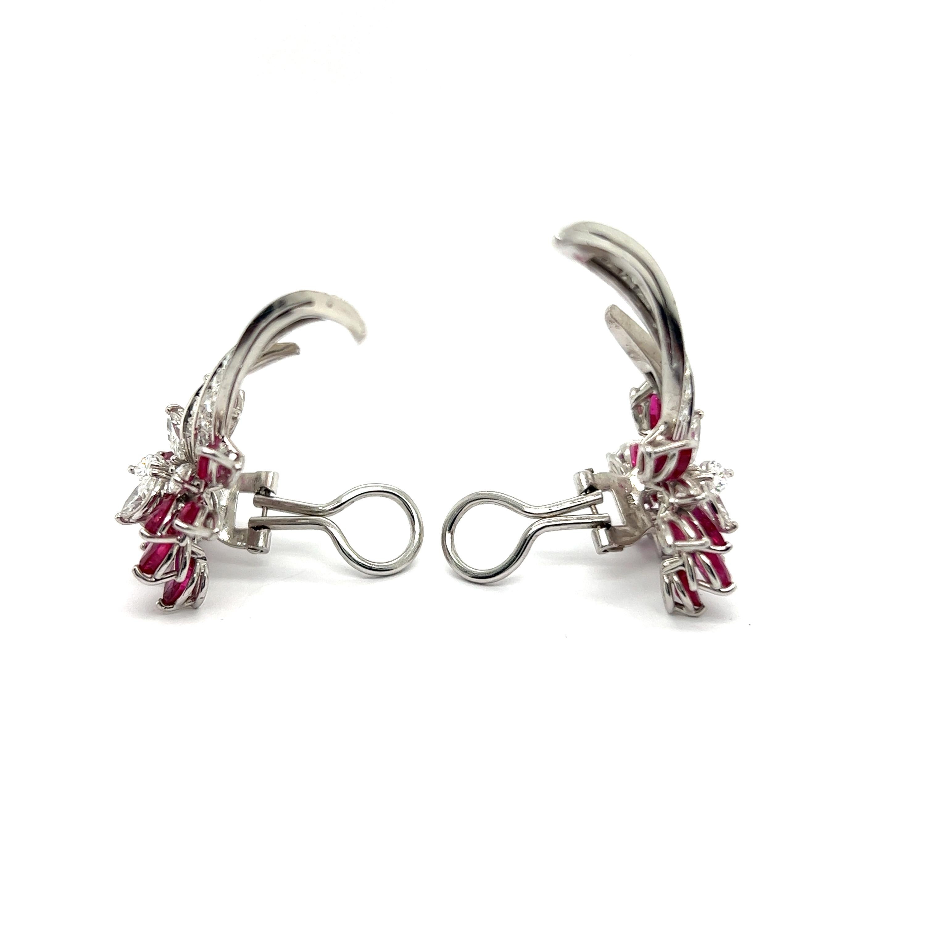 Blossom Clip-on Earrings with Rubies & Diamonds in 18 Karat White Gold For Sale 4