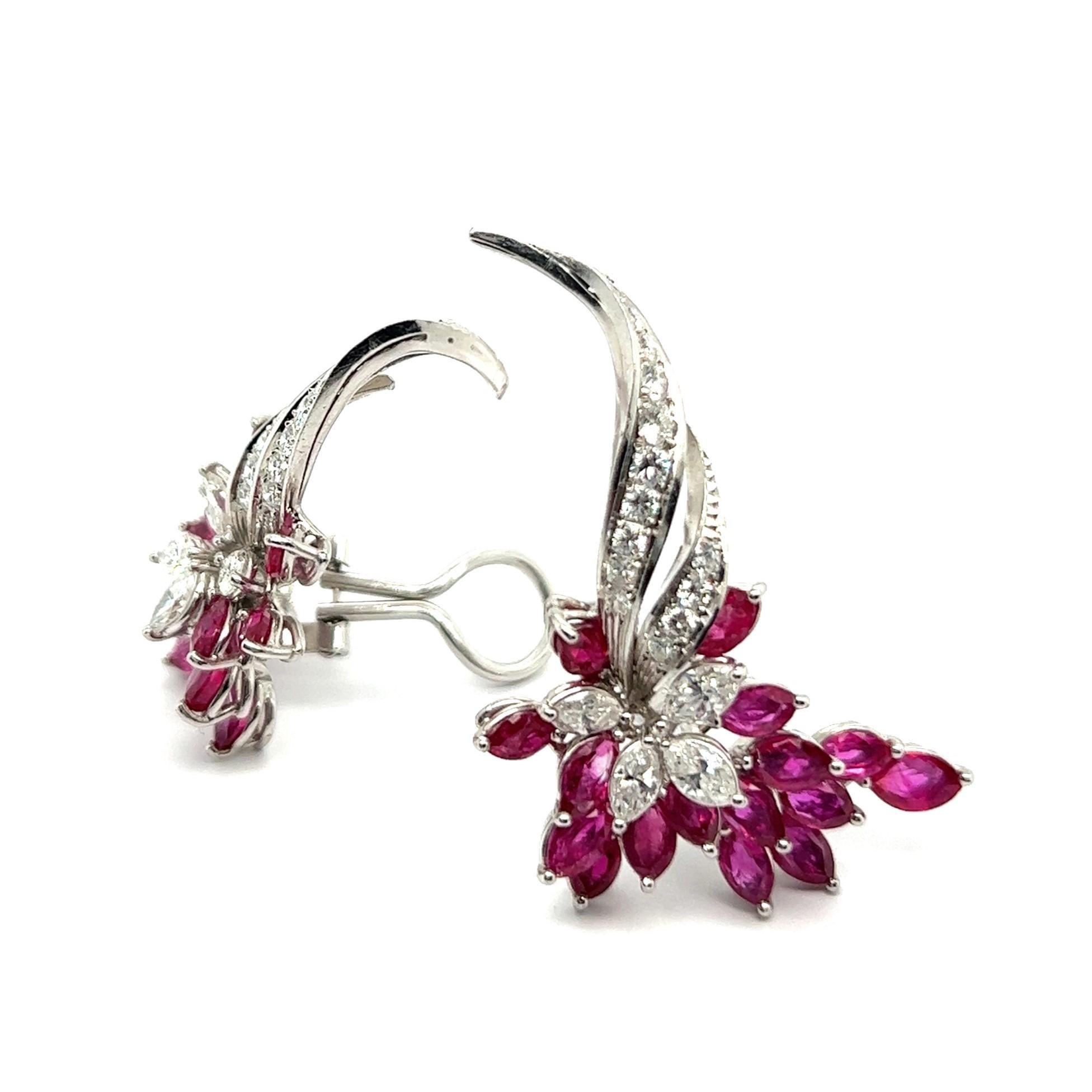Blossom Clip-on Earrings with Rubies & Diamonds in 18 Karat White Gold For Sale 5