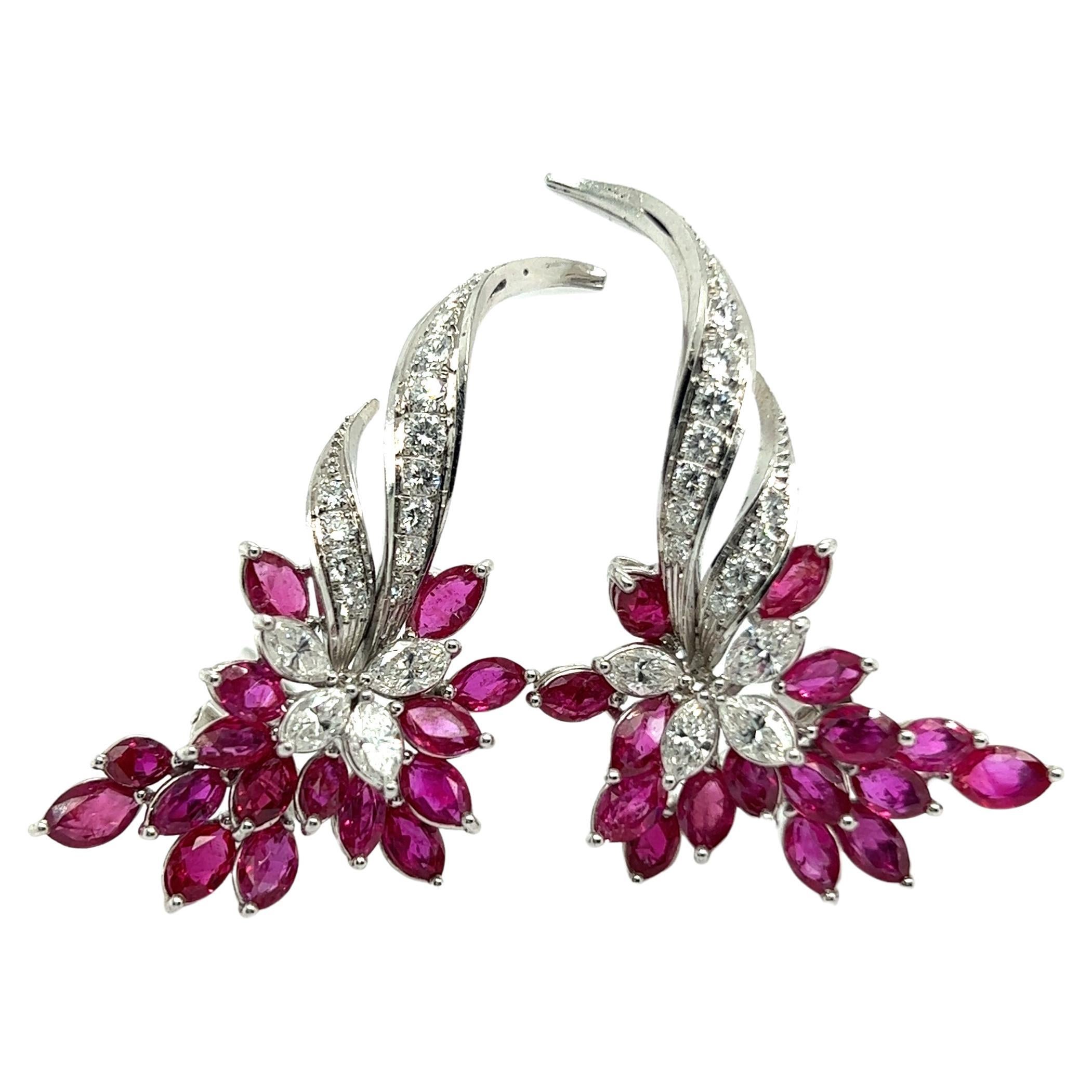 Blossom Clip-on Earrings with Rubies & Diamonds in 18 Karat White Gold For Sale 6
