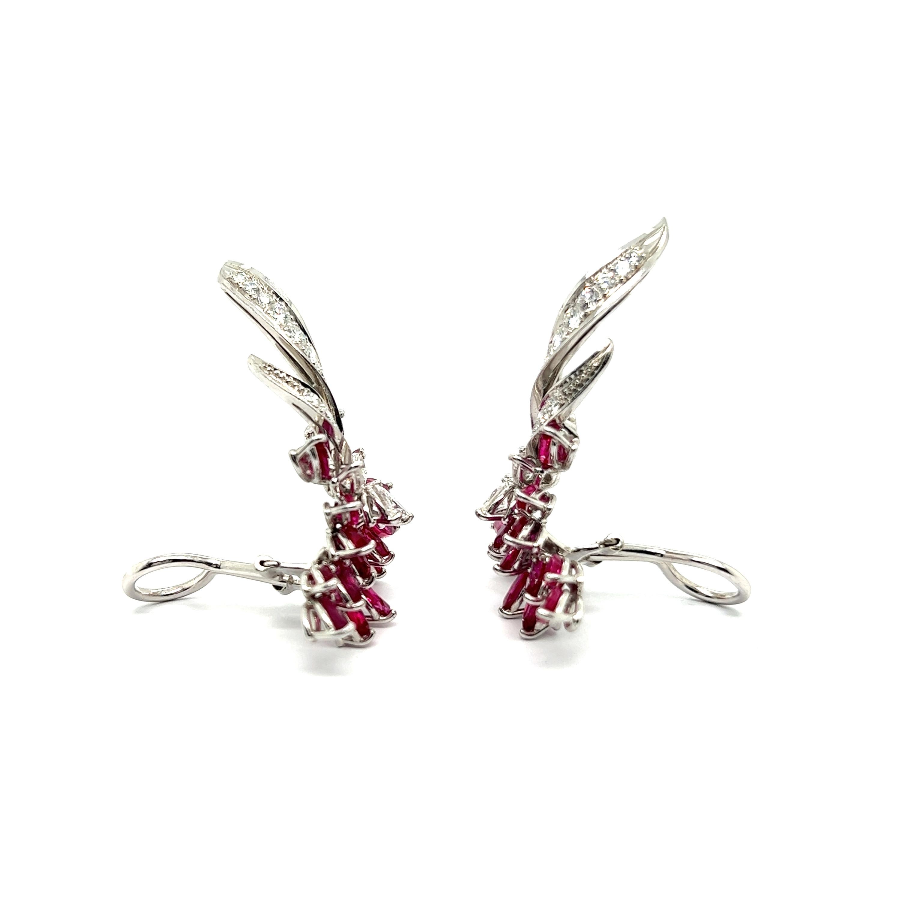 Blossom Clip-on Earrings with Rubies & Diamonds in 18 Karat White Gold For Sale 7