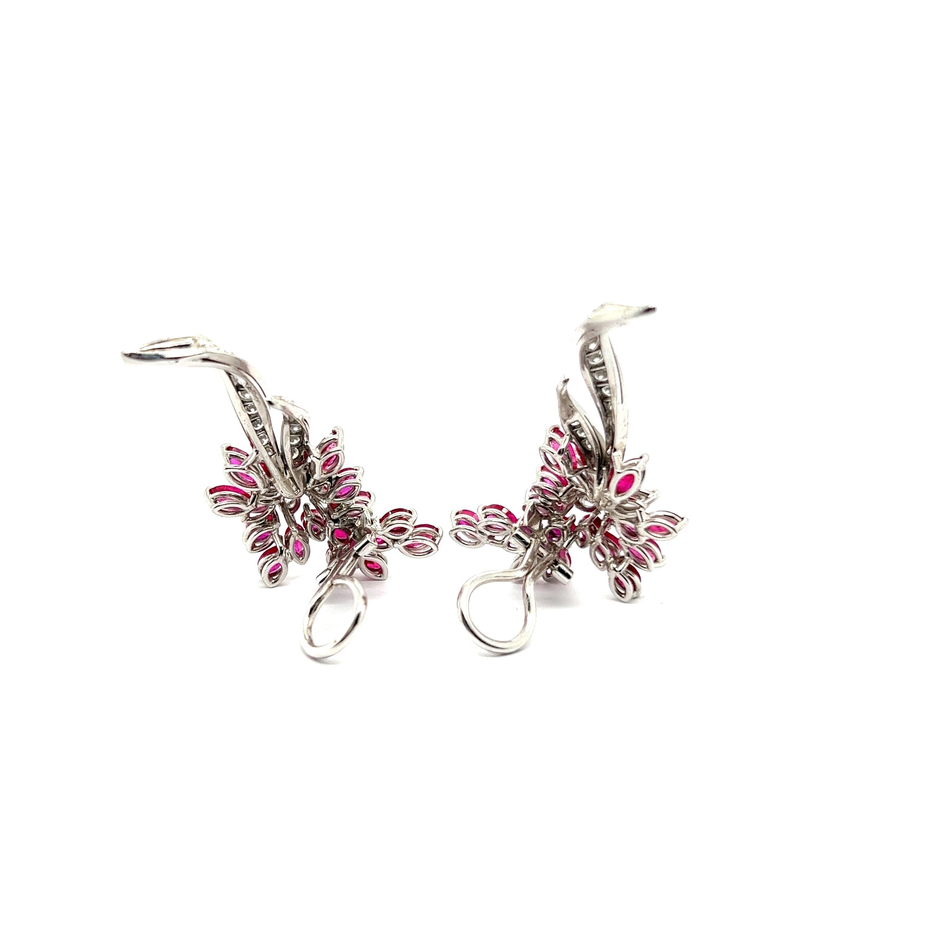 Blossom Clip-on Earrings with Rubies & Diamonds in 18 Karat White Gold For Sale 8