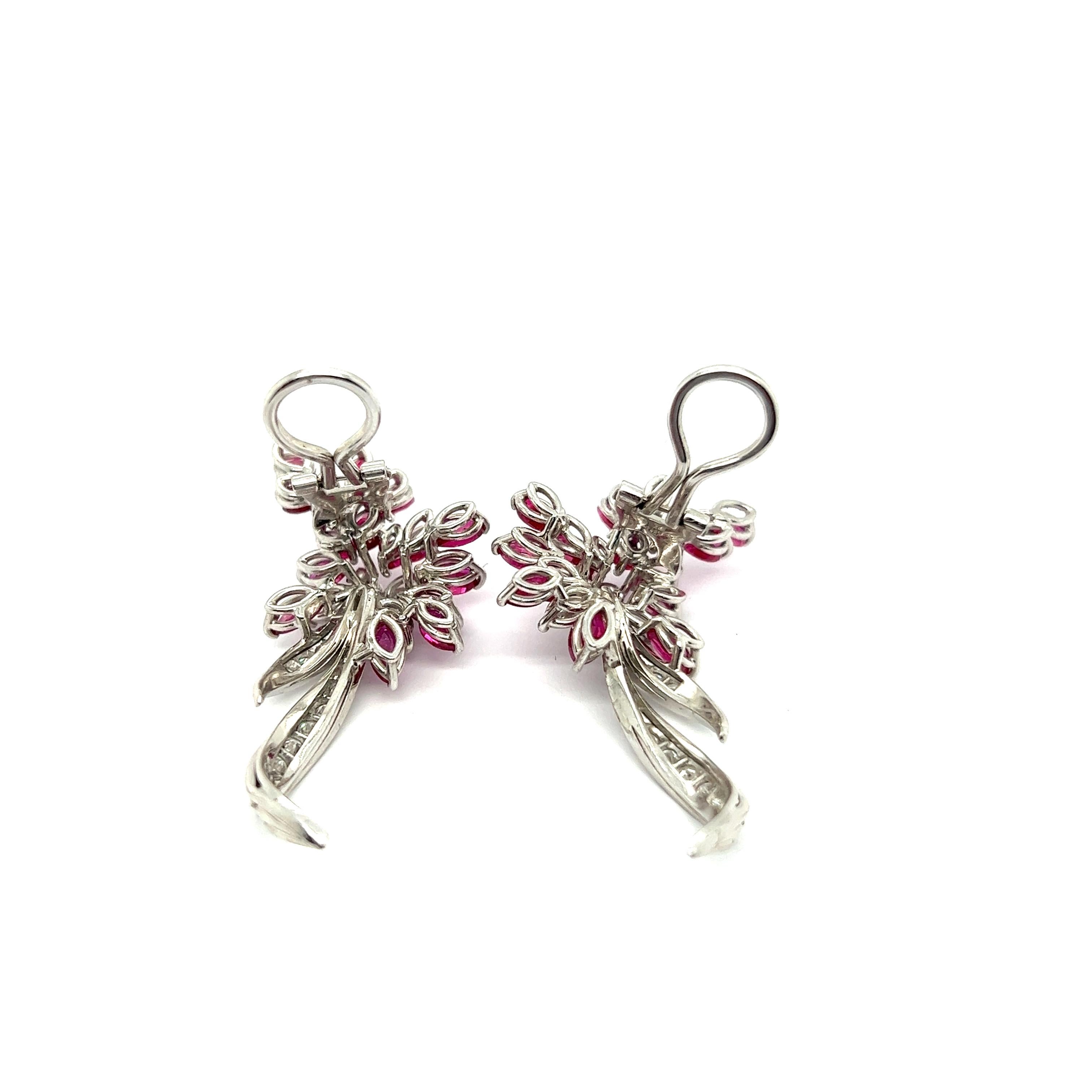 Blossom Clip-on Earrings with Rubies & Diamonds in 18 Karat White Gold For Sale 9