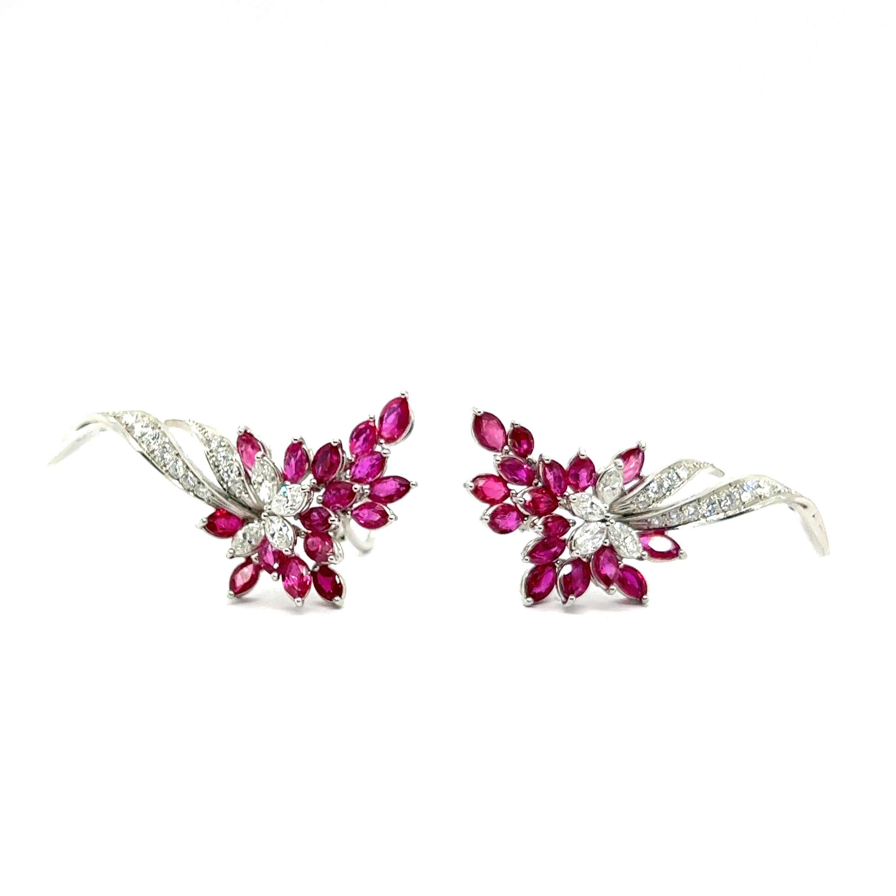 Blossom Clip-on Earrings with Rubies & Diamonds in 18 Karat White Gold For Sale 11