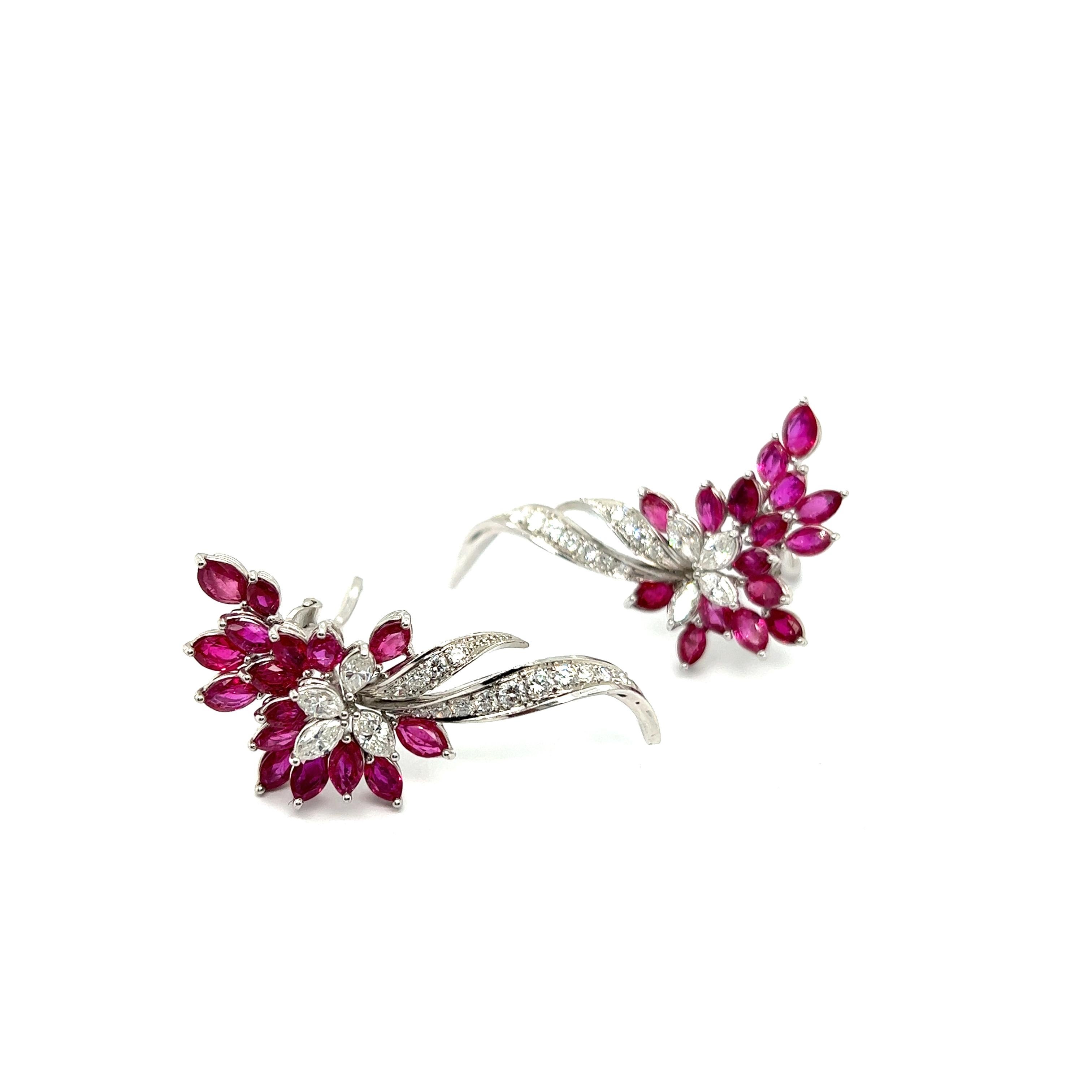 Artist Blossom Clip-on Earrings with Rubies & Diamonds in 18 Karat White Gold For Sale