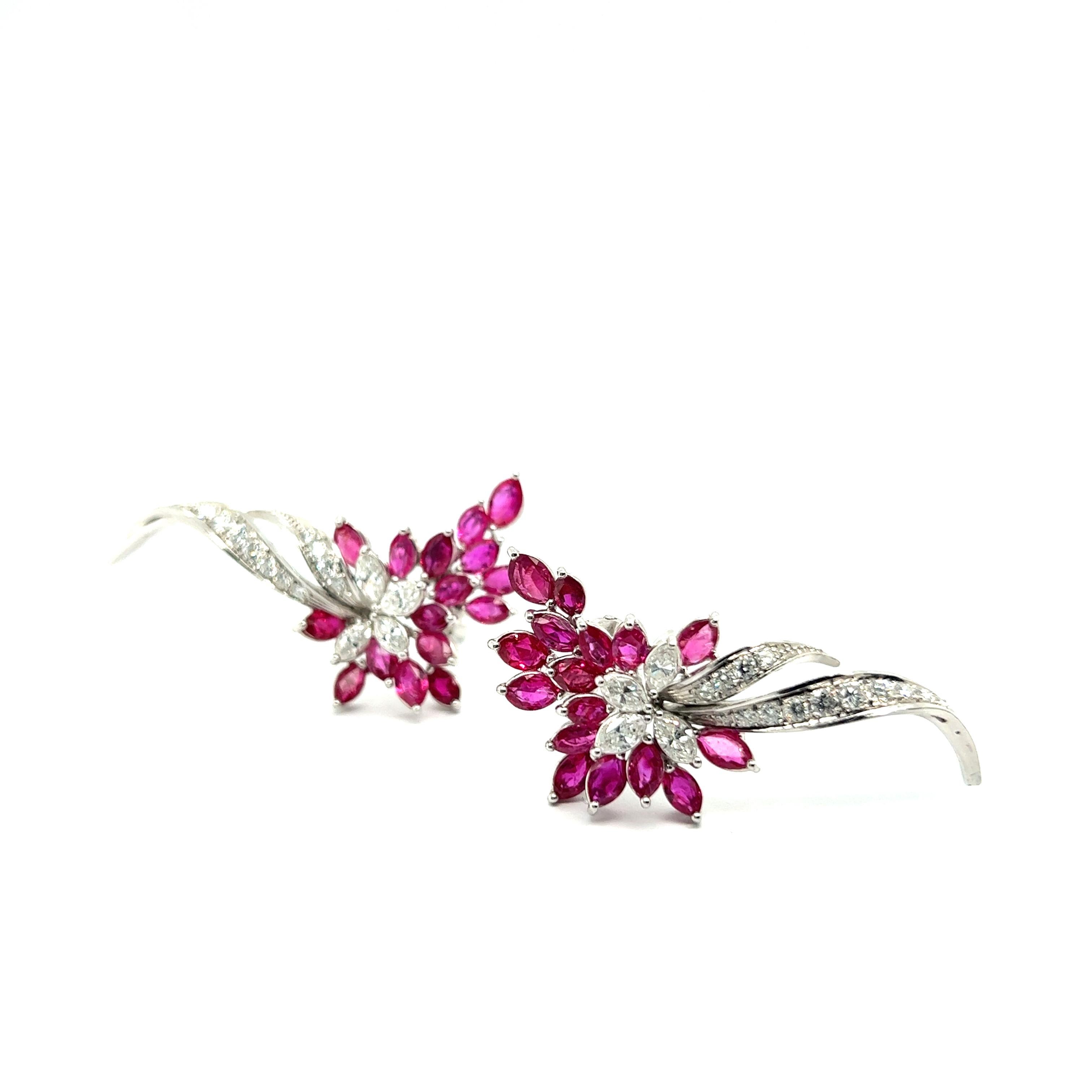 Marquise Cut Blossom Clip-on Earrings with Rubies & Diamonds in 18 Karat White Gold For Sale