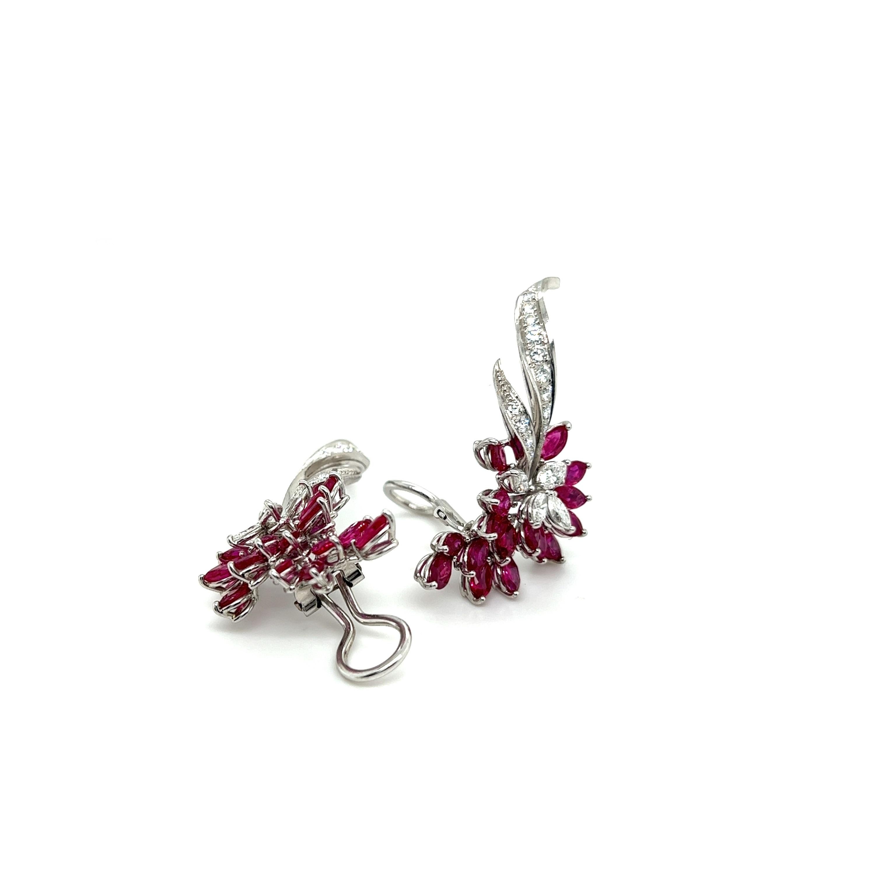Women's or Men's Blossom Clip-on Earrings with Rubies & Diamonds in 18 Karat White Gold For Sale
