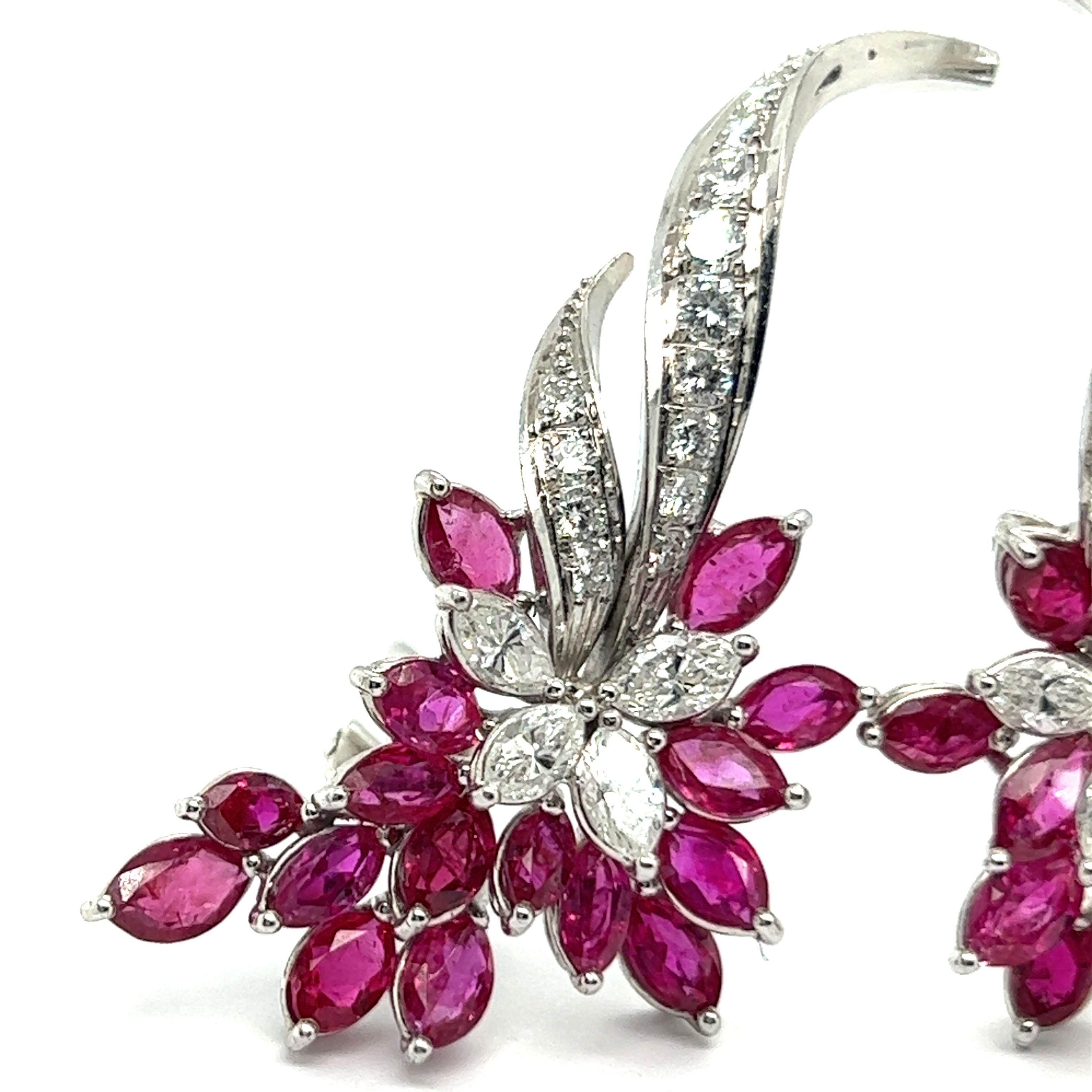Blossom Clip-on Earrings with Rubies & Diamonds in 18 Karat White Gold For Sale 1