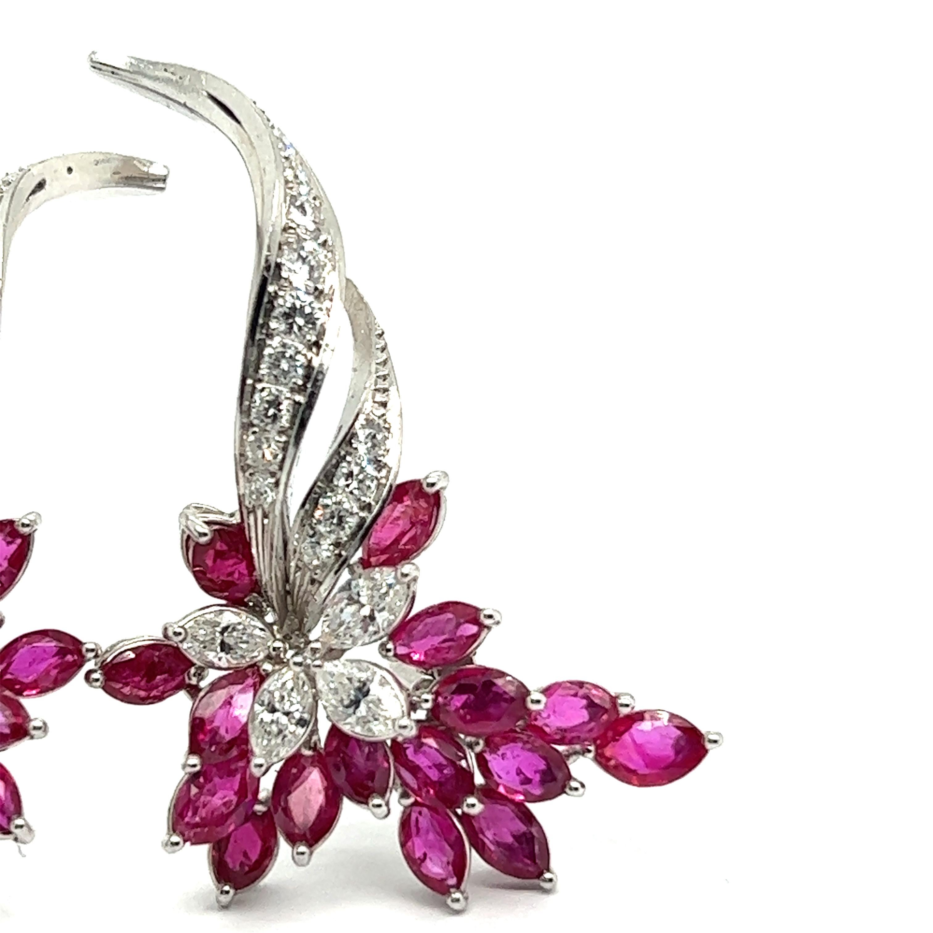 Blossom Clip-on Earrings with Rubies & Diamonds in 18 Karat White Gold For Sale 2