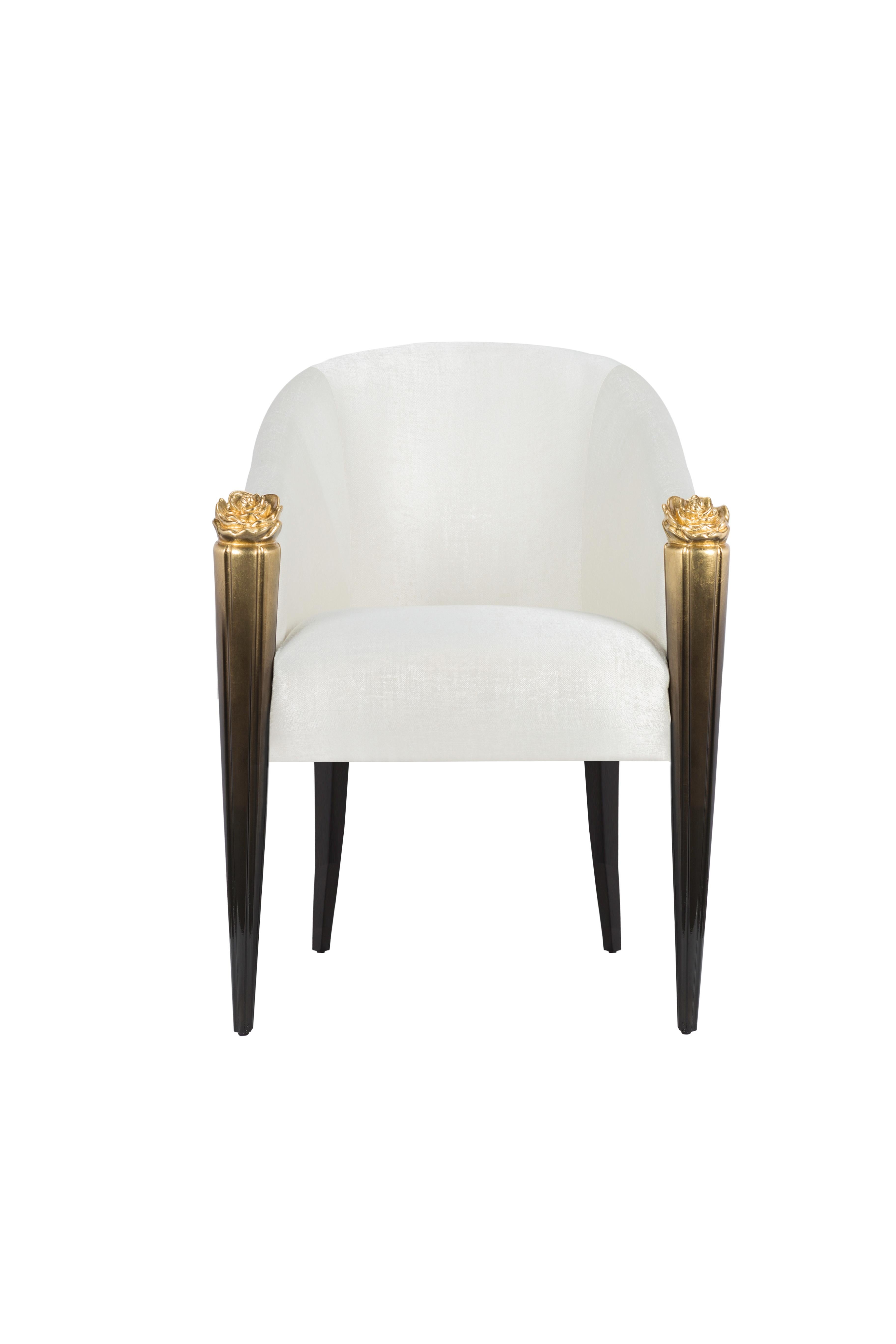 Blossom Dining Chair by Memoir Essence
Dimensions: D 64 x W 62 x H 82 cm.
Materials: Gold Leaf with black lacquer gradient and textured satin fabric KY 1 Snow White.

Also available in client's fabric. Please contact us.

With organic and smooth