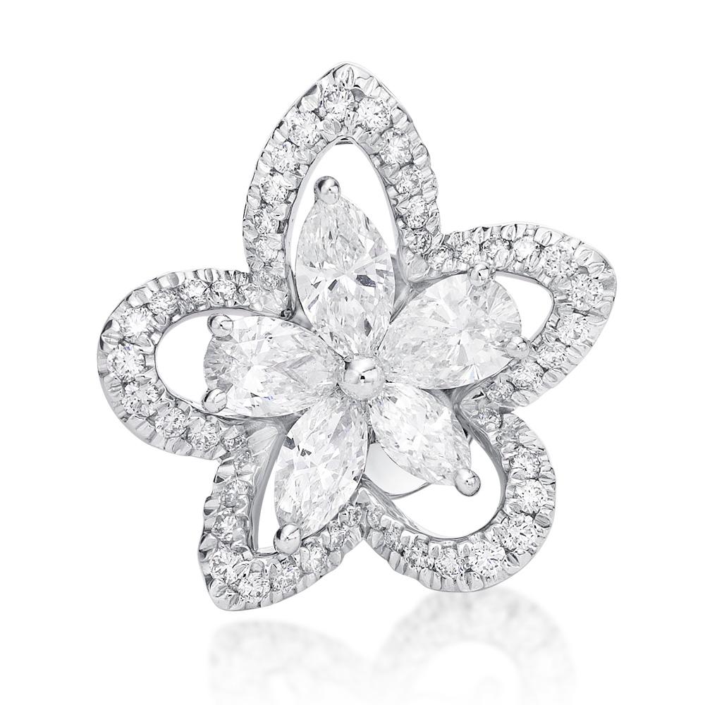 3 pieces of white marquise diamond with 2 pieces of white pear diamond forming the blossom flower .  
Outer frame with a total  0.48 carat / 102 pieces white Diamond outline the flower shape. 

This earring design to wear with or without the outer