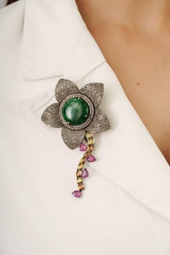 Blossom Flower 24.3ct Ruby, Sapphire & Diamond Statement Silver Brooch Pendant