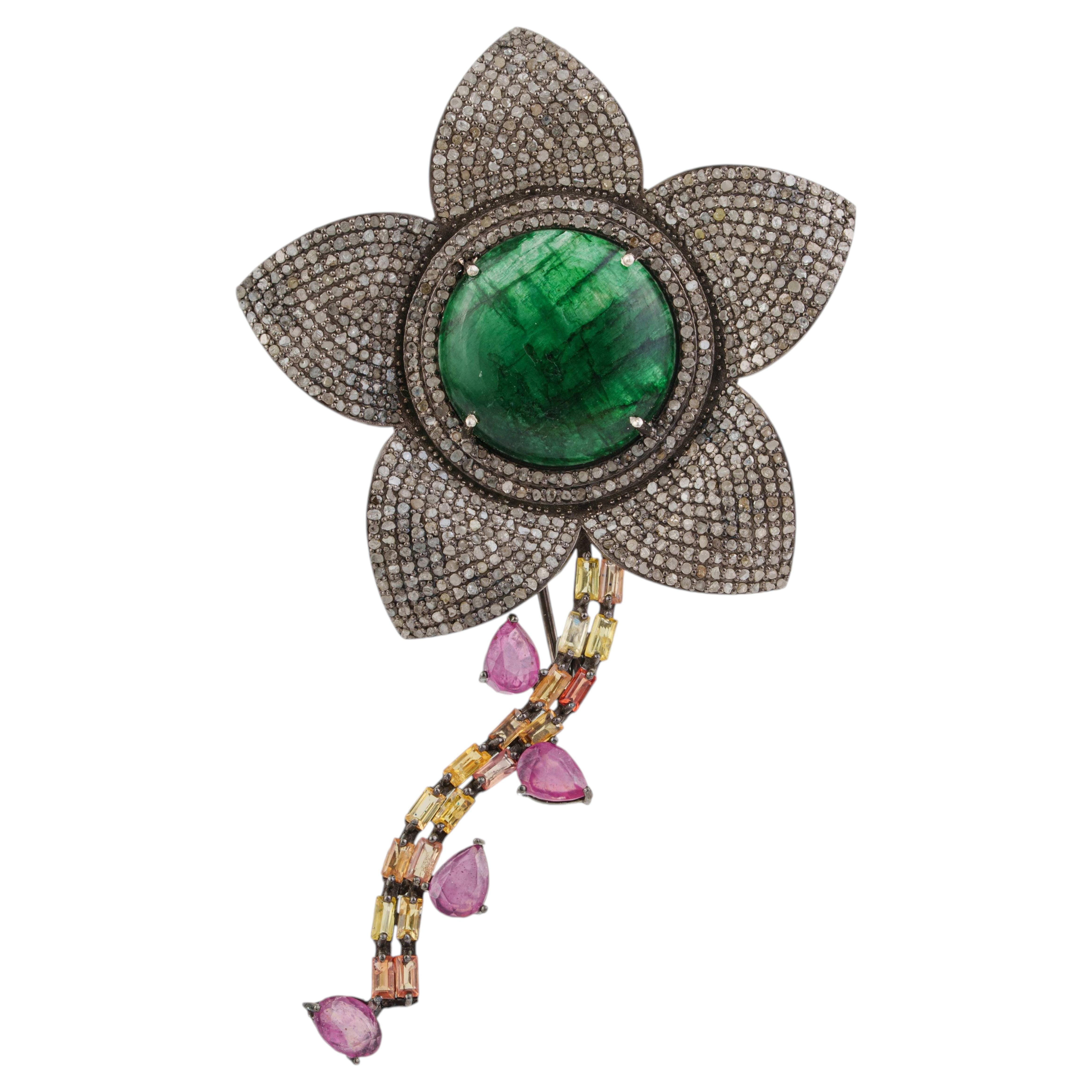 Blossom Flower 24.3ct Ruby, Sapphire & Diamond Statement Silver Brooch Pendant
