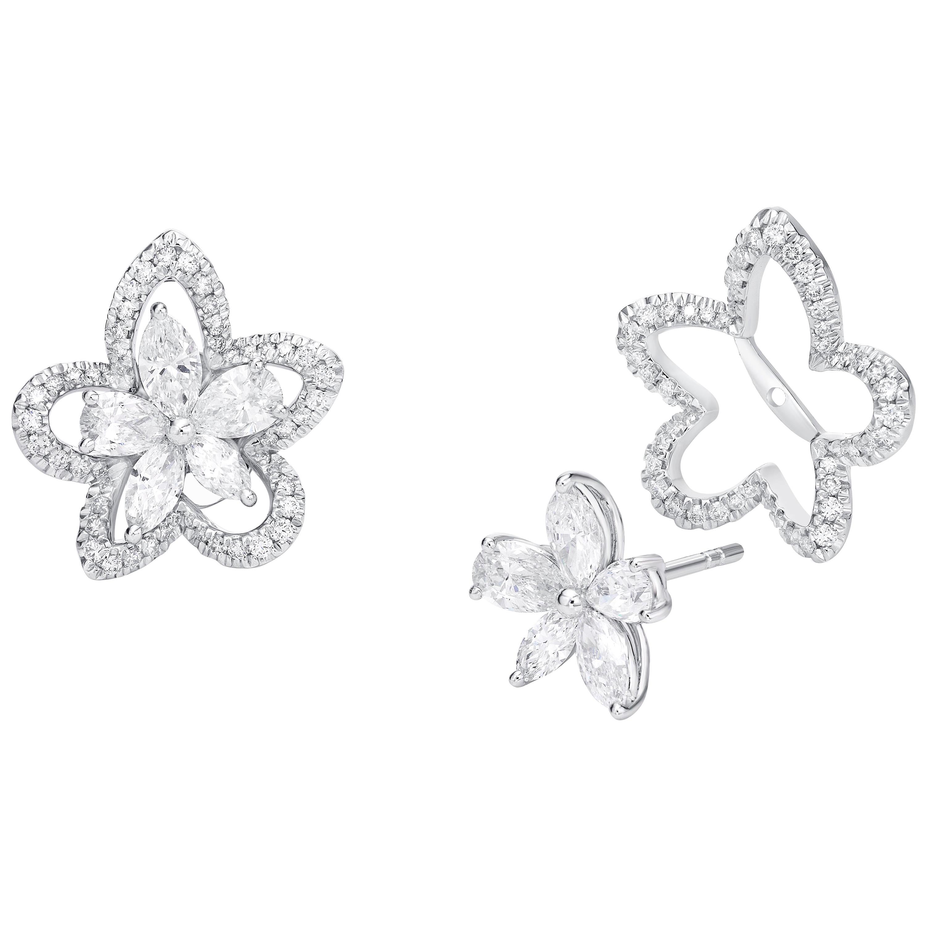 Blossom Flower 18k White Diamond Jacket Earring For Sale