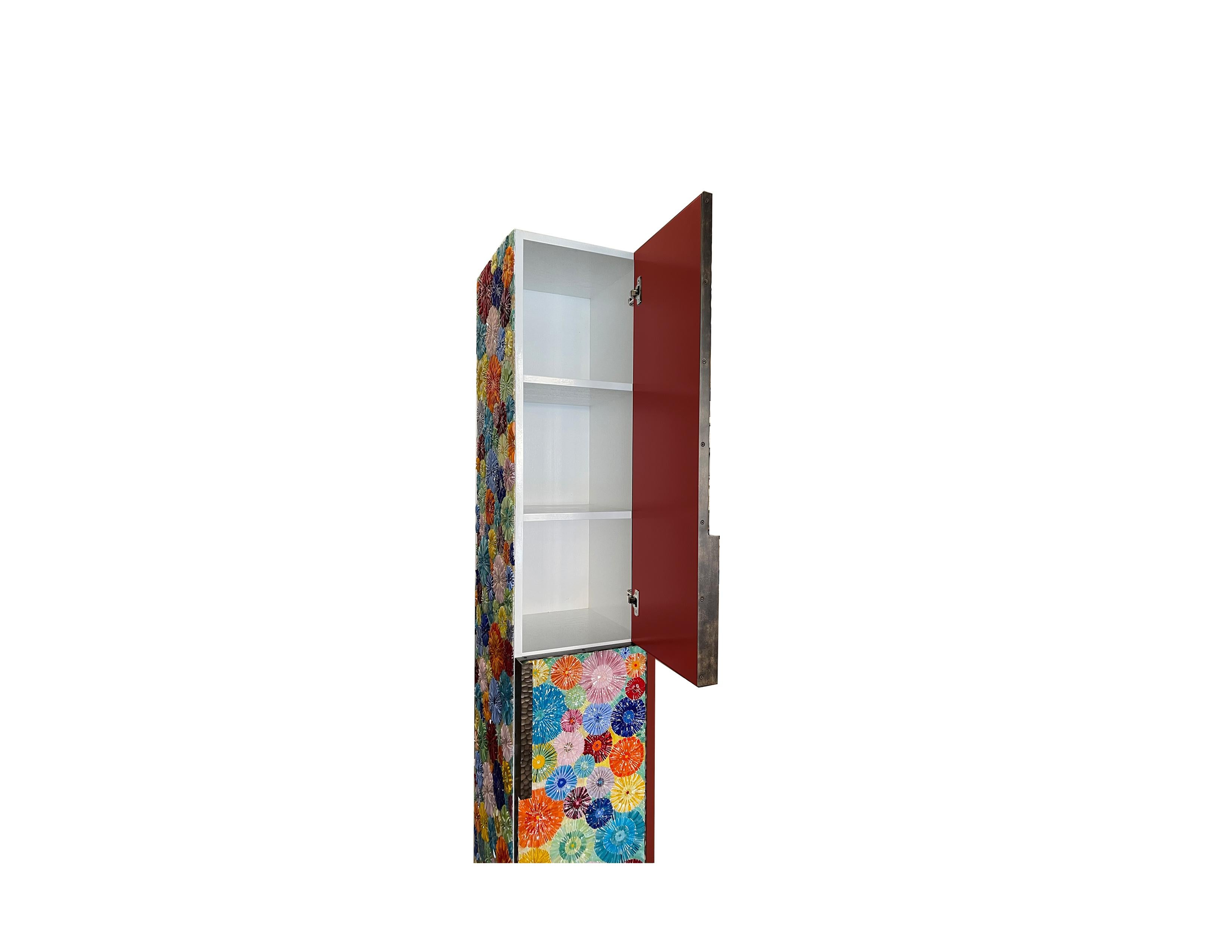American Modern Colorful Blossom Linen Cabinet with Forged Metal Frame by Ercole Home For Sale