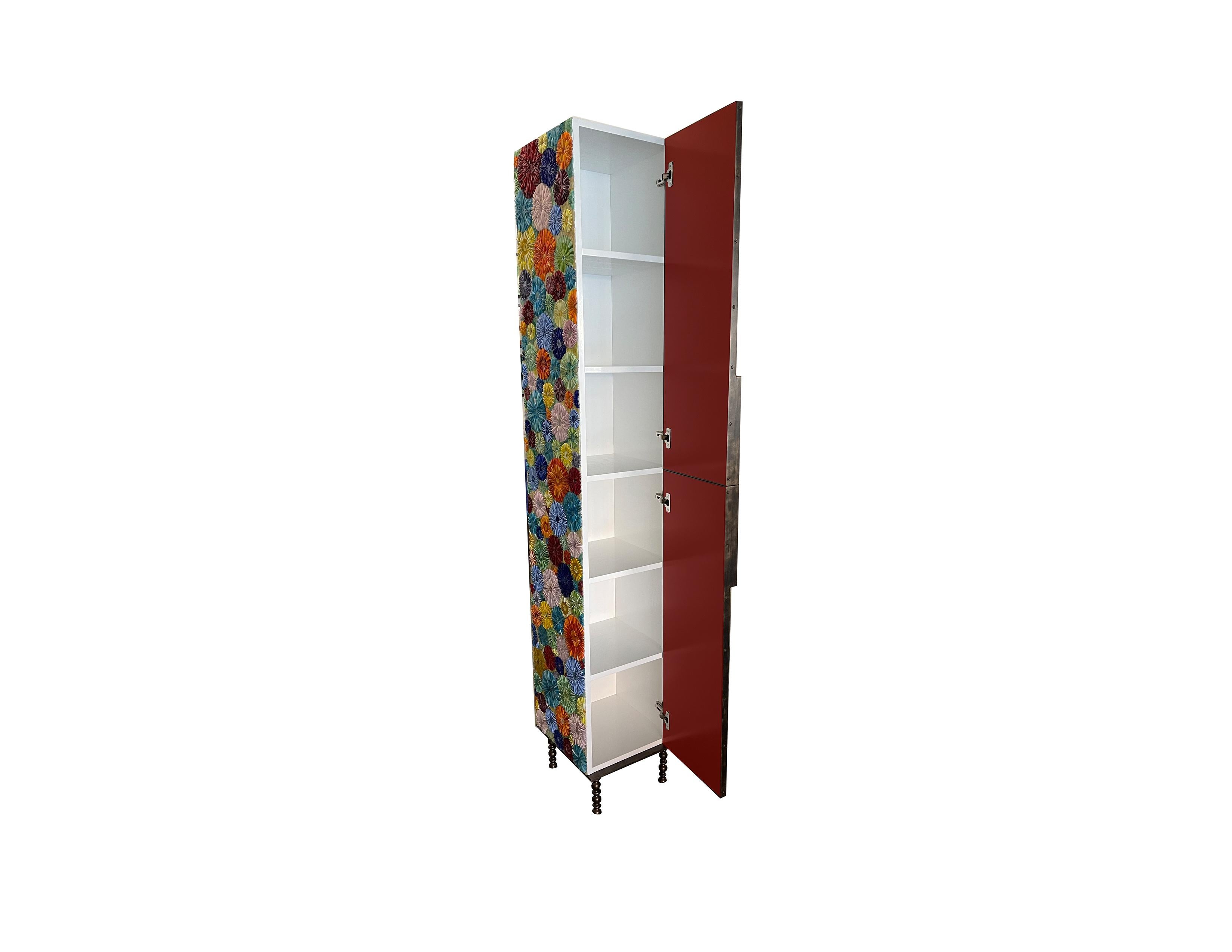 Modern Colorful Blossom Linen Cabinet with Forged Metal Frame by Ercole Home In New Condition For Sale In Brooklyn, NY