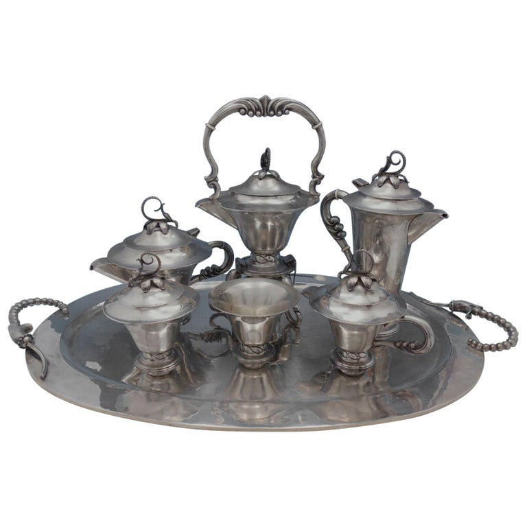 Blossom Mexican Mexico Sterling Silver Tea Set 7-Piece For Sale
