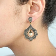 Blossom Shaped Earring with Center Stone Pearl & Pave Diamonds in Gold & Silver