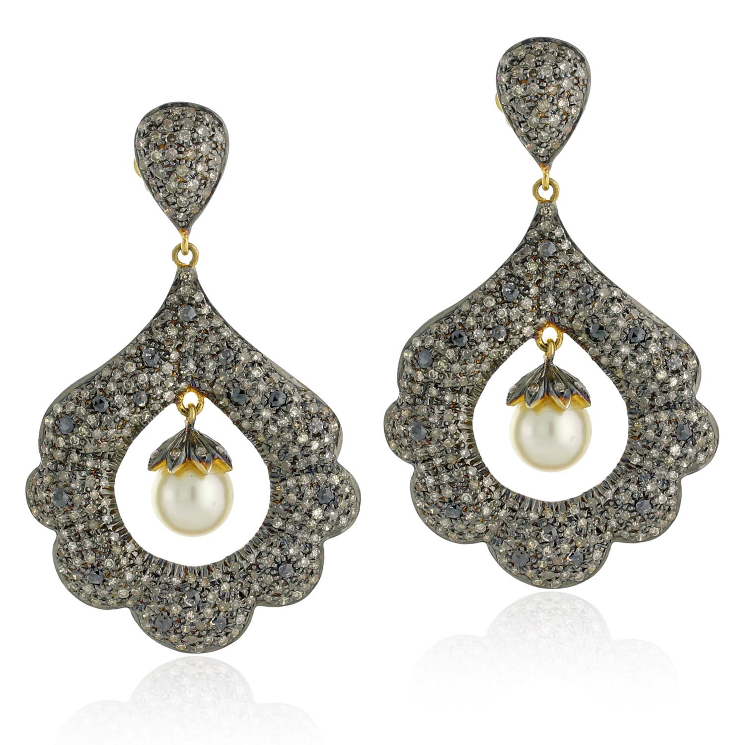 Mixed Cut Blossom Shaped Earring with Center Stone Pearl & Pave Diamonds in Gold & Silver For Sale