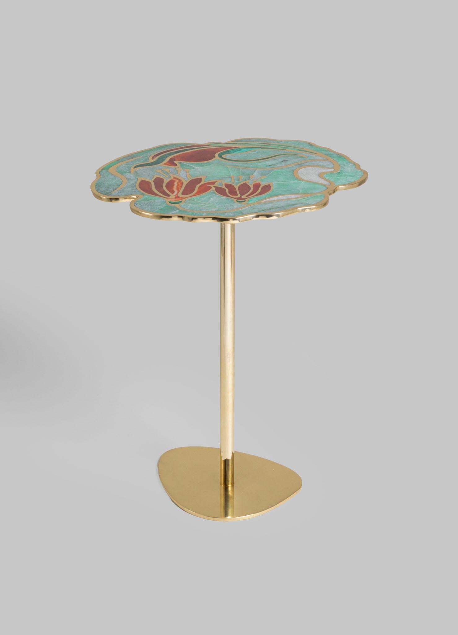 Indian Blossom Side Table Large in Brass & Semi Precious Stone For Sale
