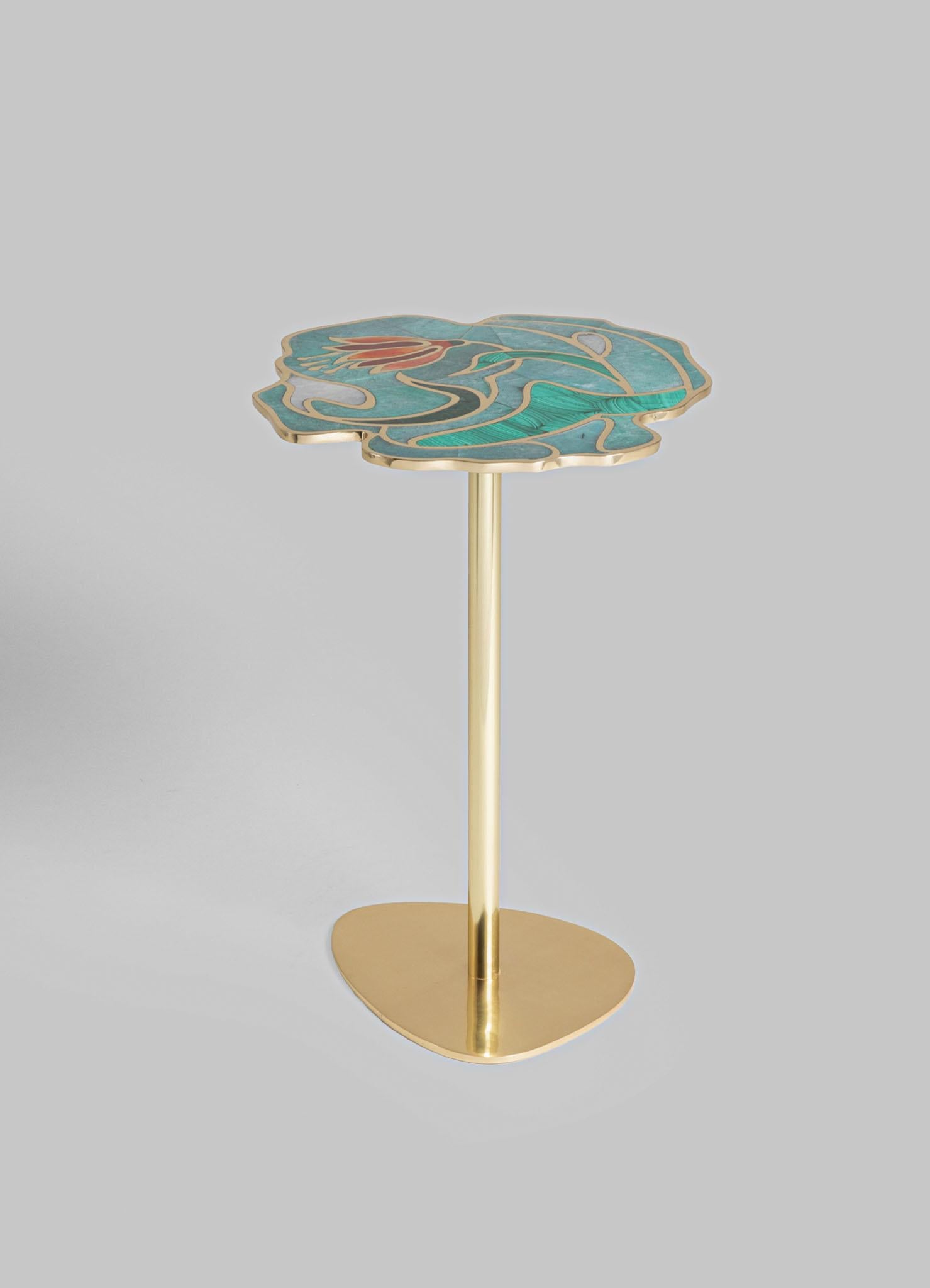 Indian Blossom Side Table Small in Brass & Semi Precious Stone For Sale