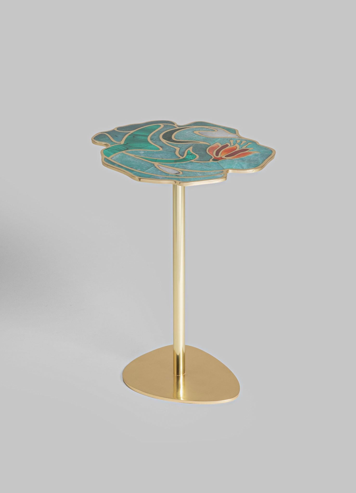 Cast Blossom Side Table Small in Brass & Semi Precious Stone For Sale