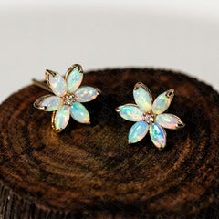 Blossom Stud Earrings Australian Solid Opal 14K Yellow Gold