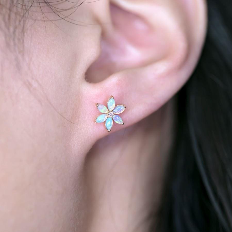 Arts and Crafts Blossom Stud Earrings Solid Opal 14K Gold Diamond Accents For Sale