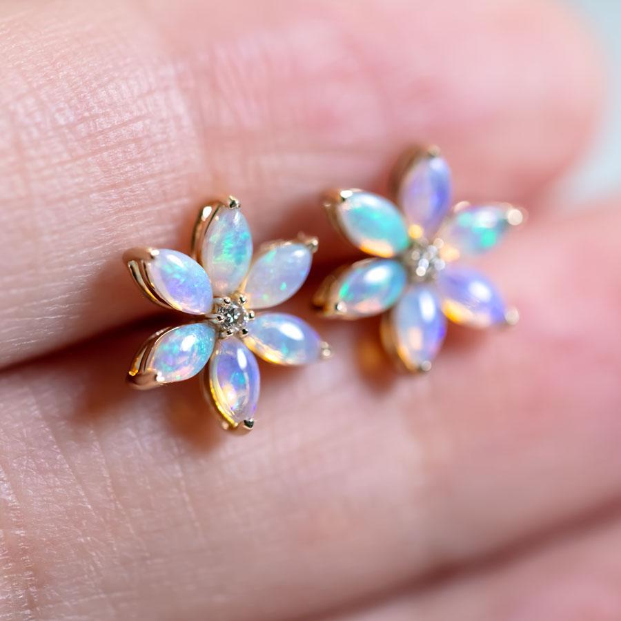 Marquise Cut Blossom Stud Earrings Solid Opal 14K Gold Diamond Accents For Sale