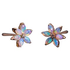 Blossom Stud Earrings Solid Opal 14K Gold Diamond Accents