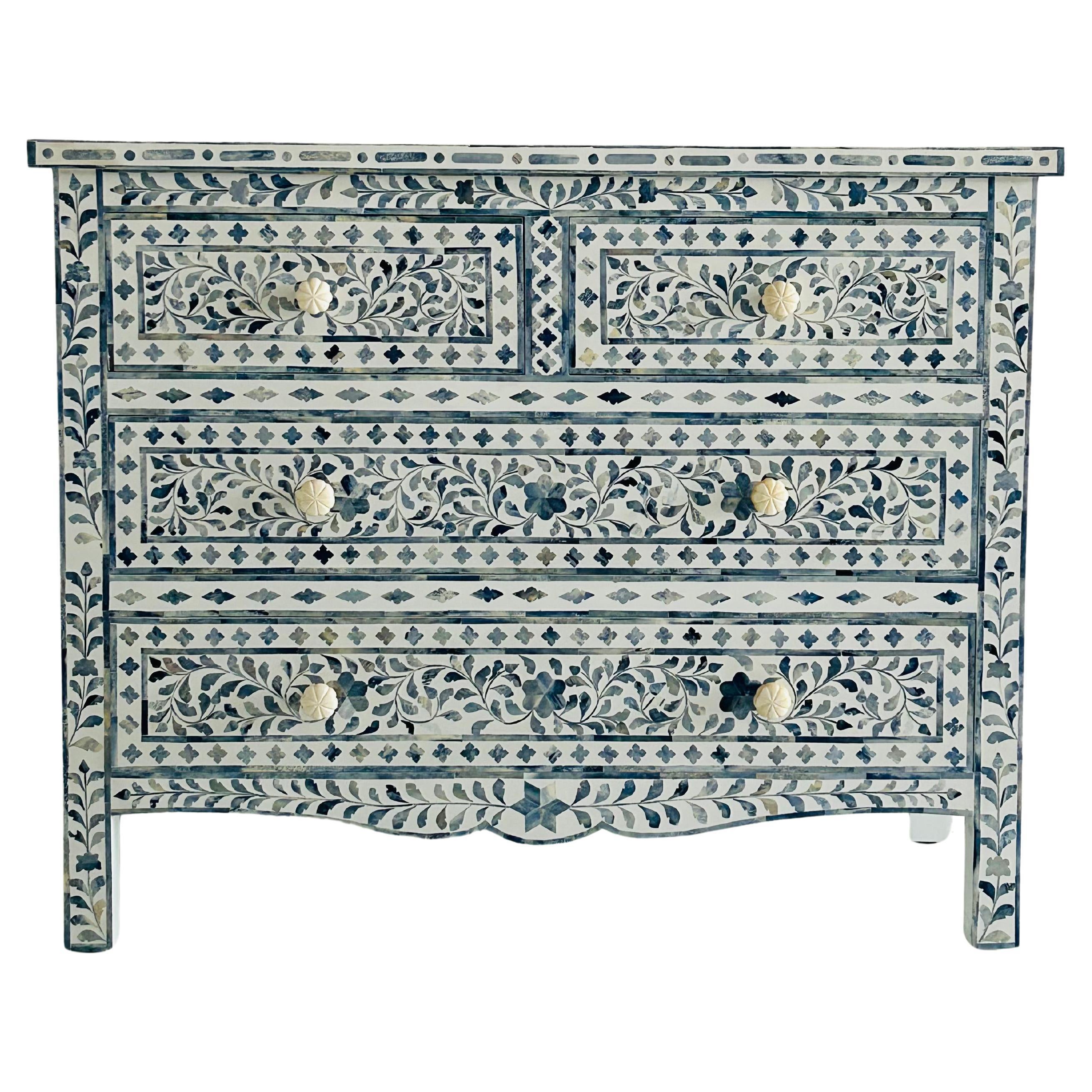 Blossom White Four Drawer Dresser with Blue Floral Pattern