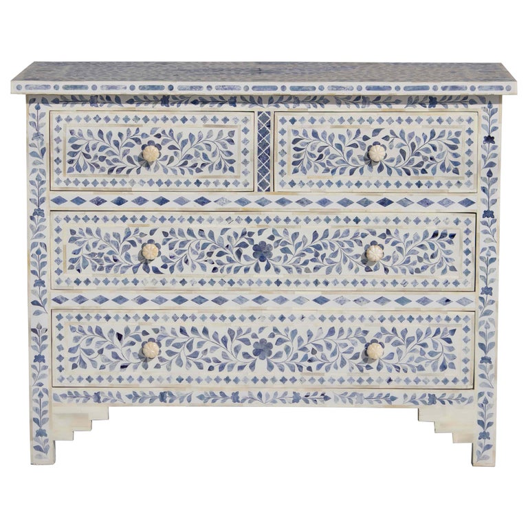 Blossom White Four Drawer Dresser with Blue Floral Pattern at 1stDibs