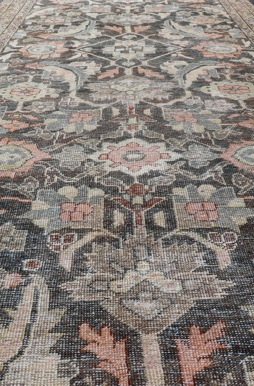 Blossoming All-Over Floral Antique Persian Sultanabad Gallery in Gray and Pink For Sale 6