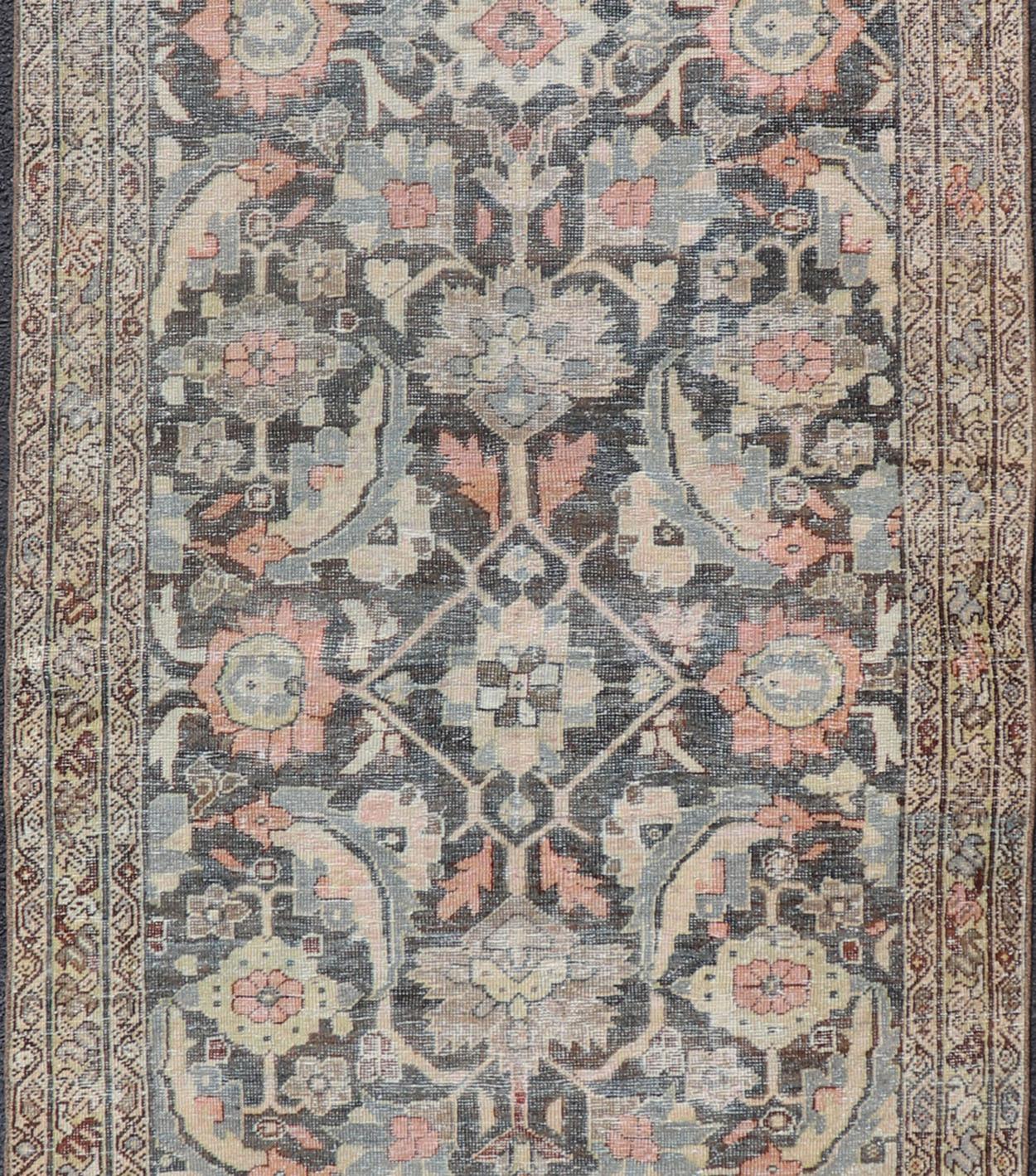 Hand-Knotted Blossoming All-Over Floral Antique Persian Sultanabad Gallery in Gray and Pink For Sale
