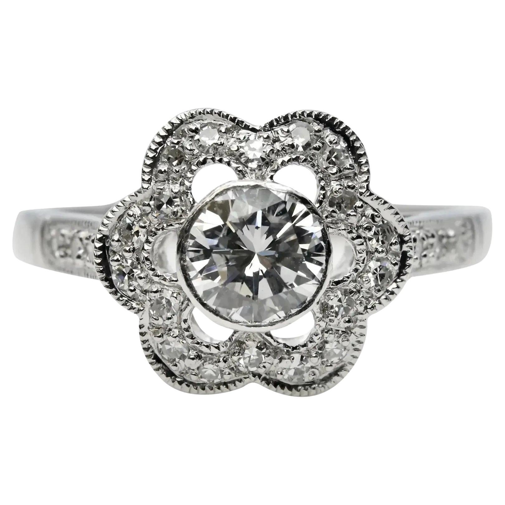 Blossoming Floral 0.79 CTW Diamond Engagement Ring in Platinum For Sale