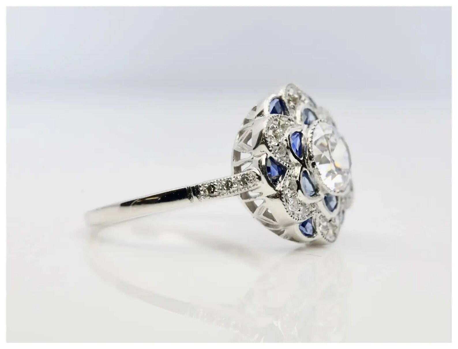 Art Deco Blossoming Floral Diamond & Sapphire Ring in Platinum For Sale
