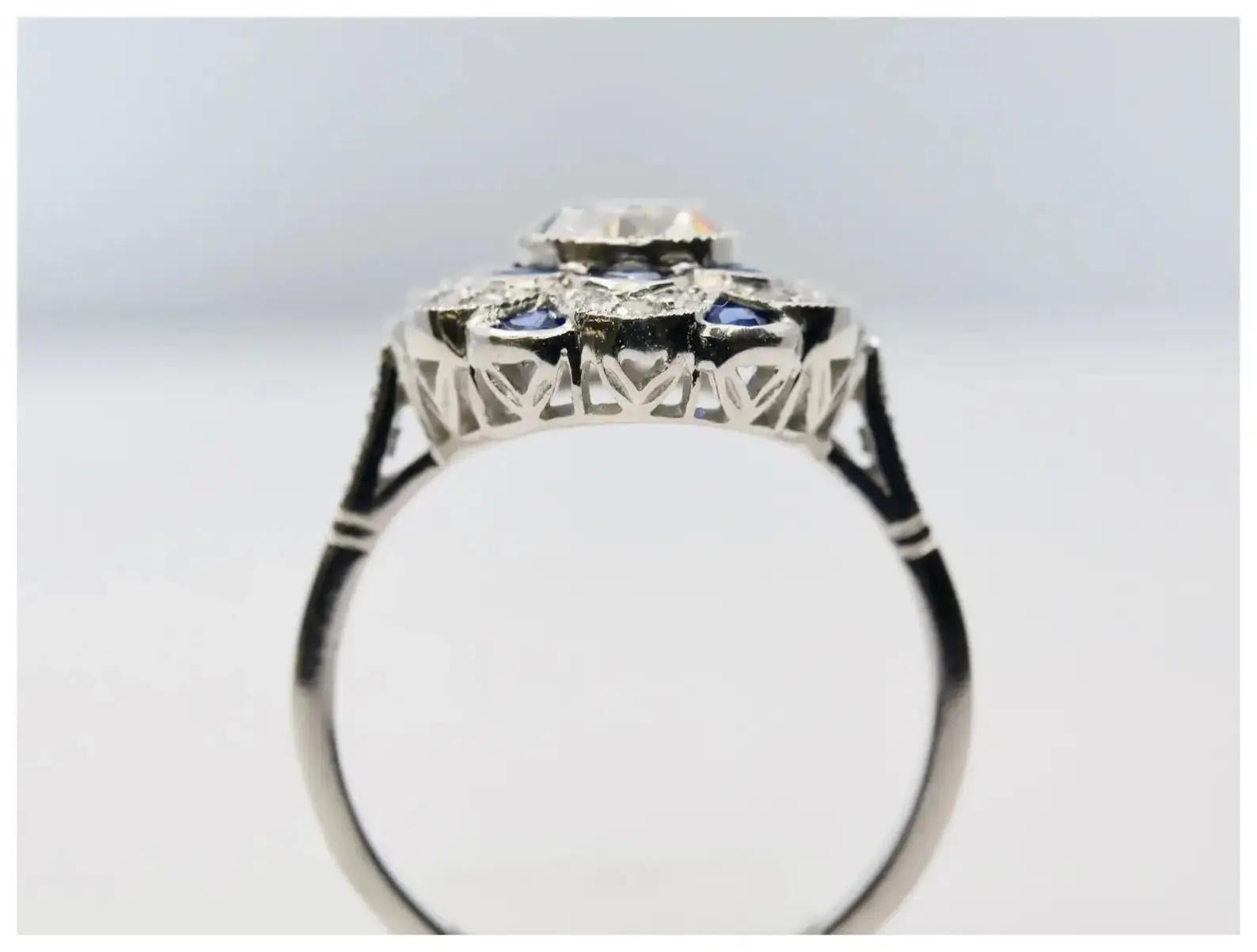 Brilliant Cut Blossoming Floral Diamond & Sapphire Ring in Platinum For Sale