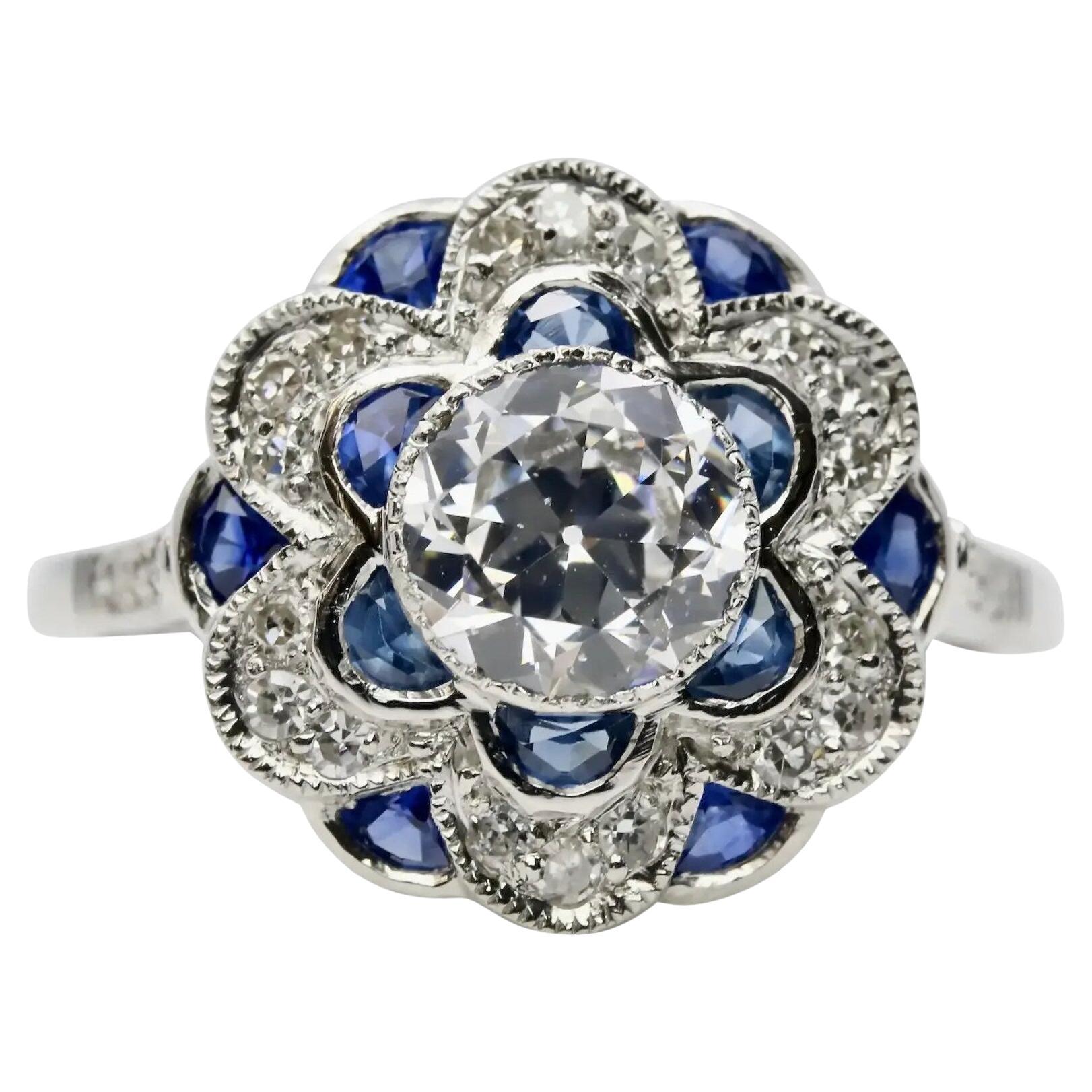 Blossoming Floral Diamond & Sapphire Ring in Platinum For Sale