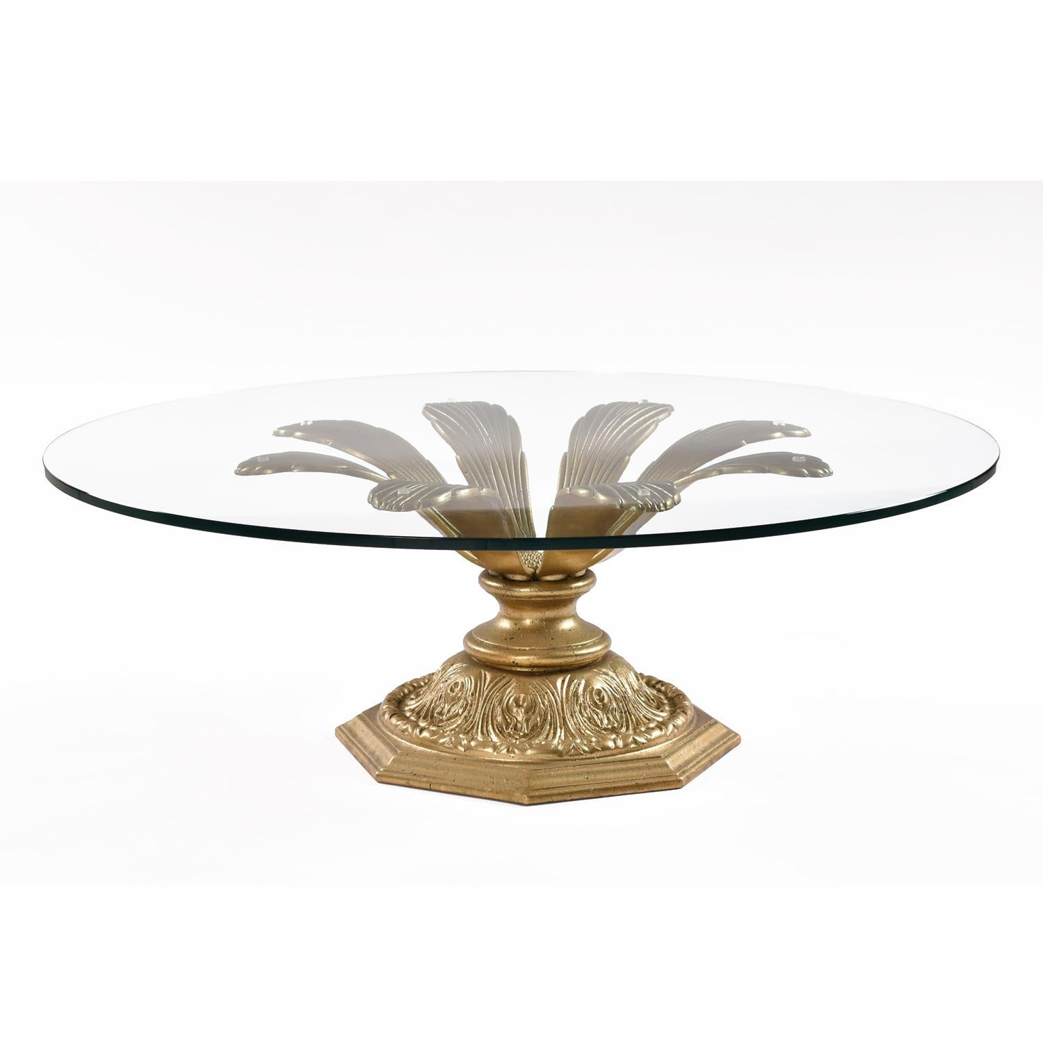 American Blossoming Flower Petal Hollywood Regency Gilt Metal Glass Top Coffee Table For Sale