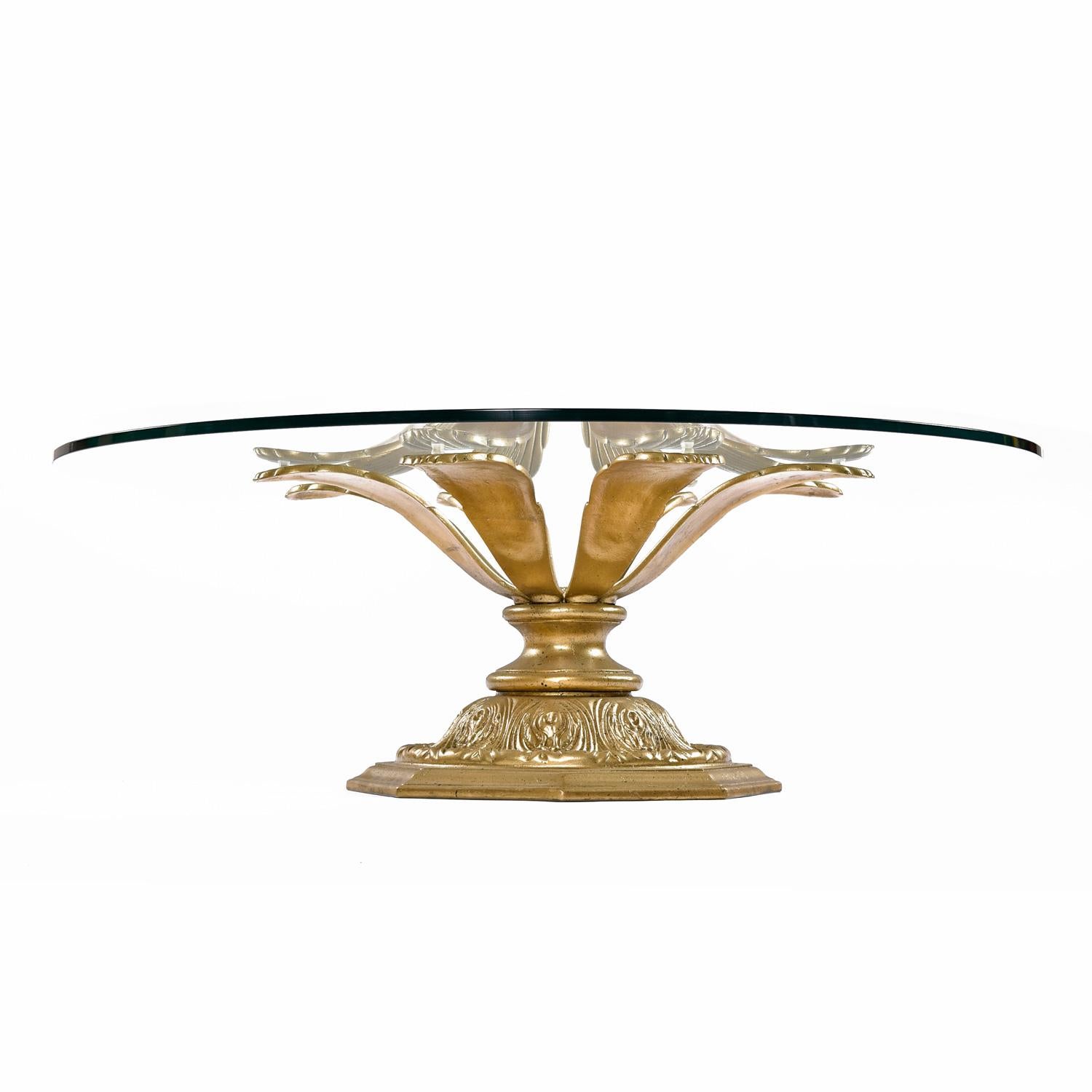 Blossoming Flower Petal Hollywood Regency Gilt Metal Glass Top Coffee Table In Excellent Condition For Sale In Chattanooga, TN