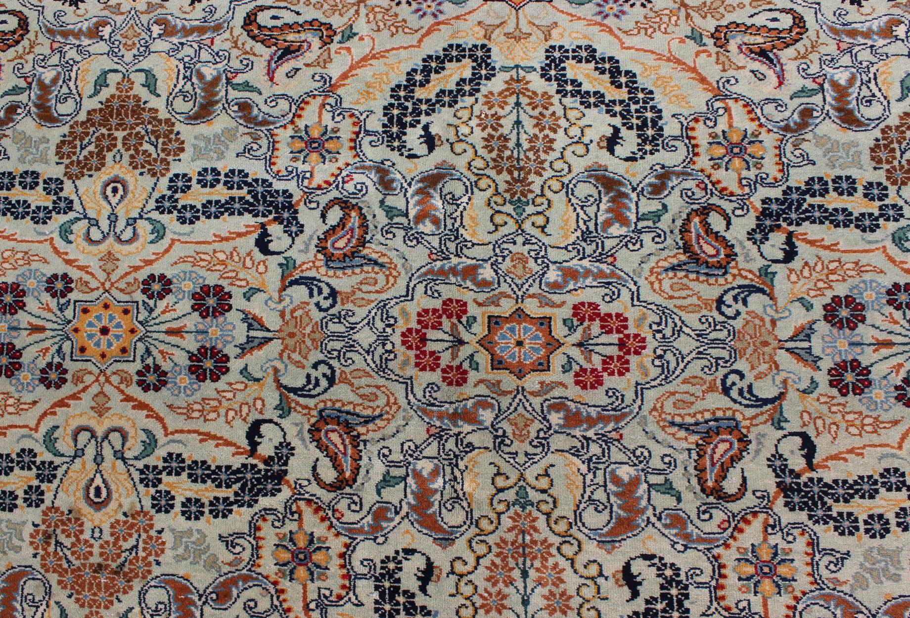 Wool  Fine Persian Kashan in Celadon green, light blue field Intricate Floral Motifs  For Sale