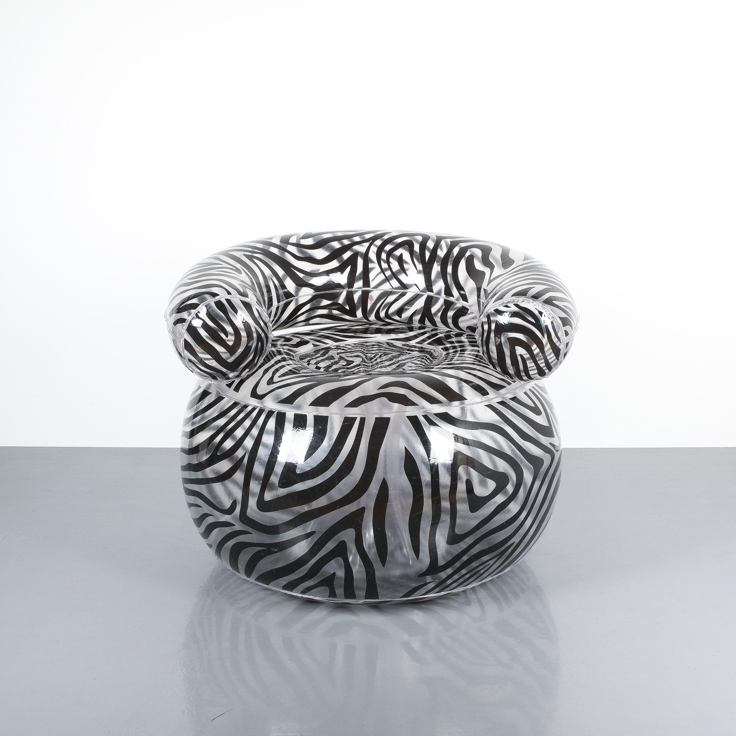Rare blow chair by Alexis Lahellec, Paris, 1996. Nice zebra pattern chair, fully comprised of PVC. Good condition. 
