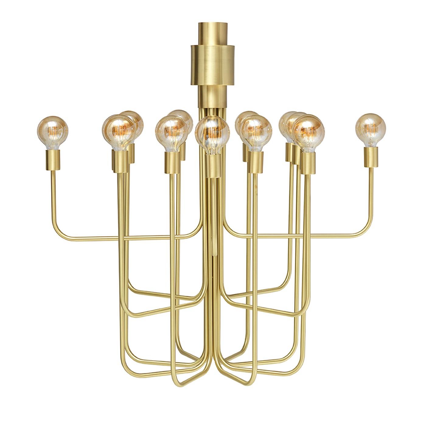 Crafted in brass with a satin finish, the blow up chandelier sets the tone in a chic, contemporary dining space. With 16-light sources, the chandelier provides ample illumination while exuding a quirky cool vibe with retro inspiration. Complete the
