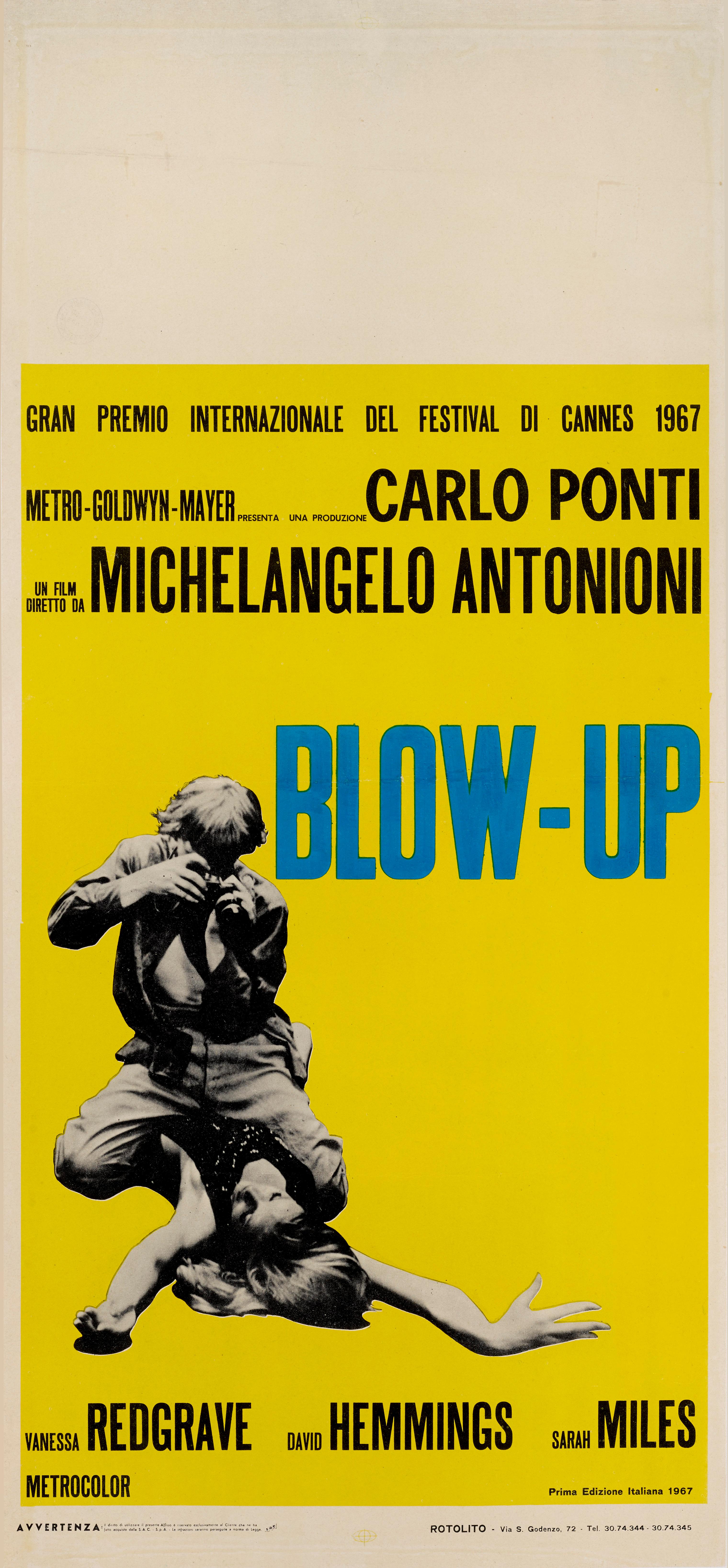 Original Italian posters for Michelangelo Antonioni 1967 film blow up. The film is now considered a cult Classic.
3 different coloured posters were created for this film. One red, one green and this yellow one.
The poster is conservation linen