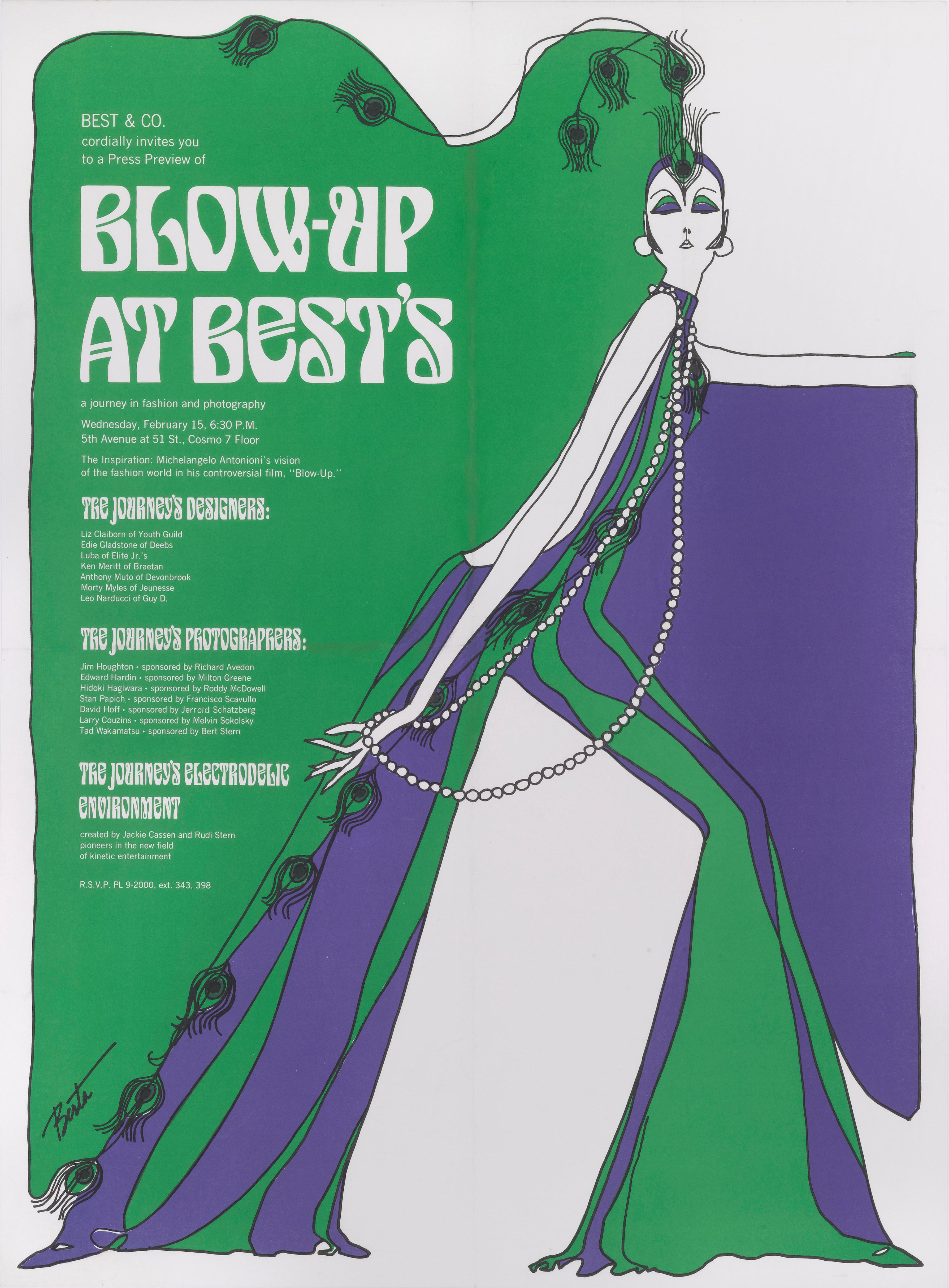 Original US poster for Michelangelo Antonioni, 1967 Cult drama starring Vanessa Redgrave, David Hemmings. This special style poster was designed for a special screening of the film at Best and Co. 
This was a US clothing store in the 1960s. This