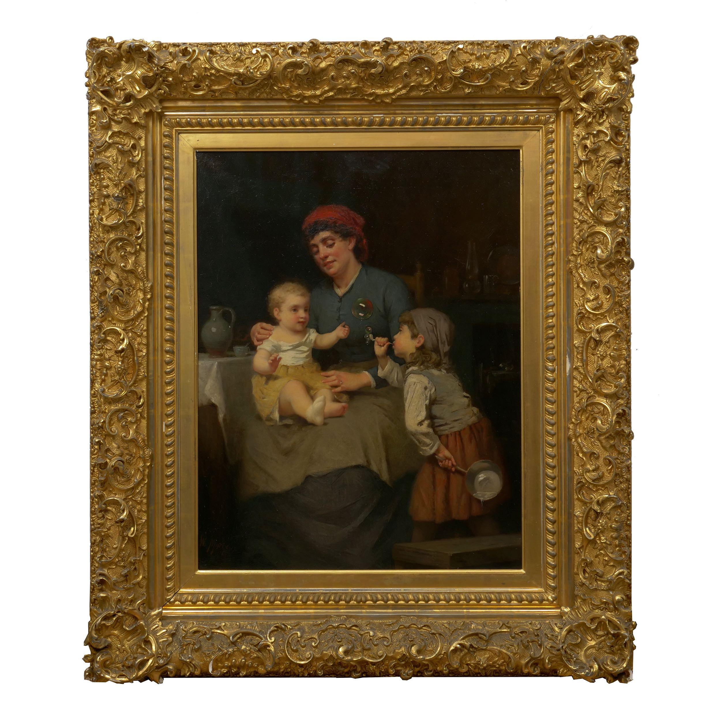 A heartwarming interior scene, it cheerily captures a young girl blowing bubbles from her pipe to entertain her infant sister while neglecting the pot of water that pours out on the bench behind her under the tolerant bemused eye of her seated