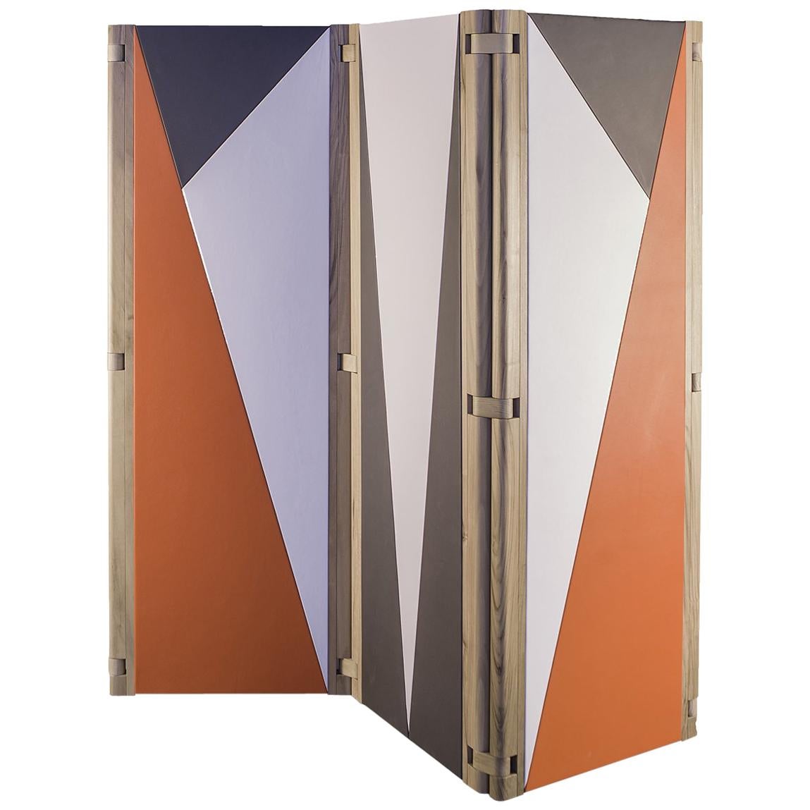 Contemporary "Blowing in the Wind" Leather Geometric Patchwork Screen For Sale