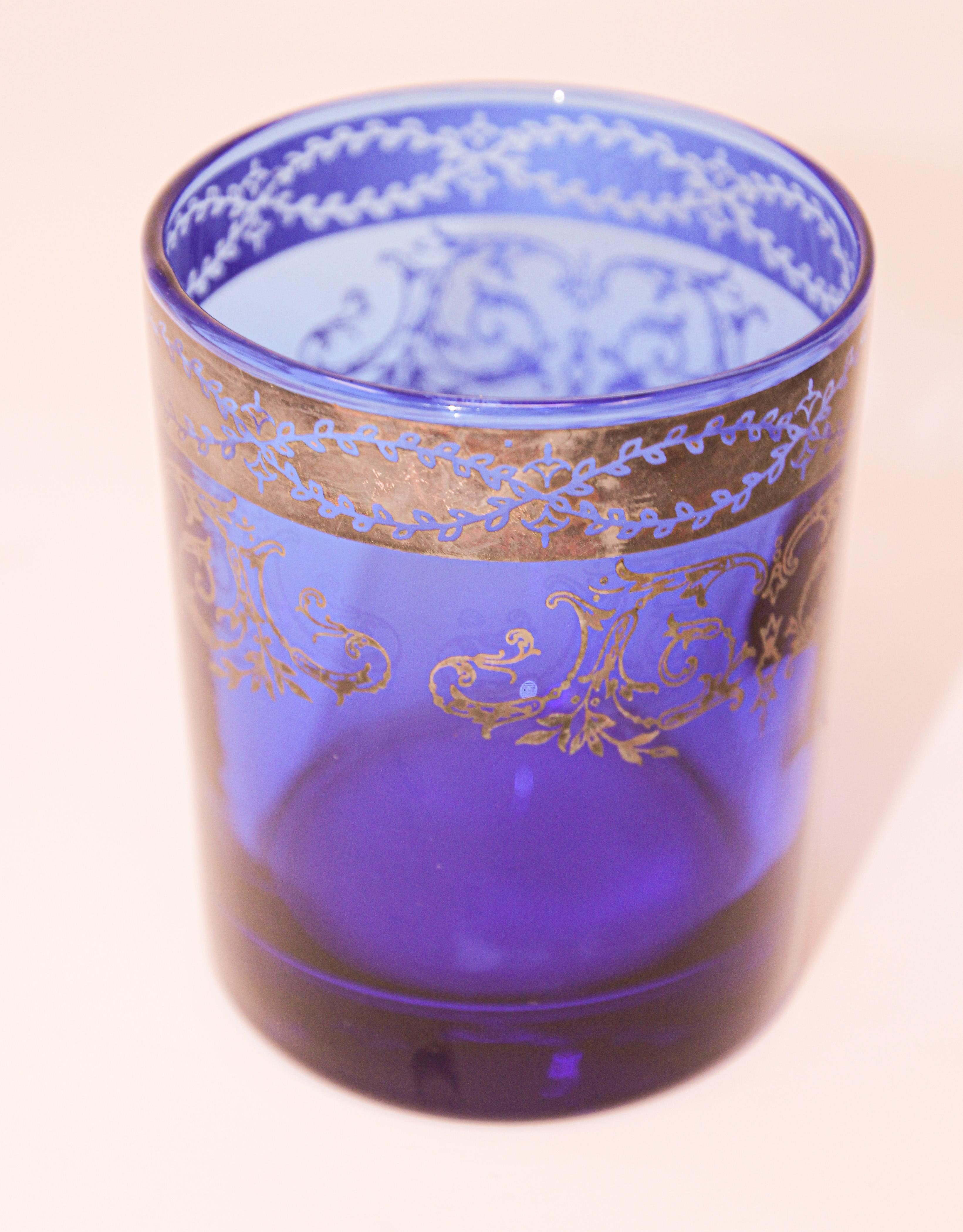 20th Century Blown Crystal Whiskey Glasses Tumbler Gilt Baccarat in Sapphire Blue, Italy